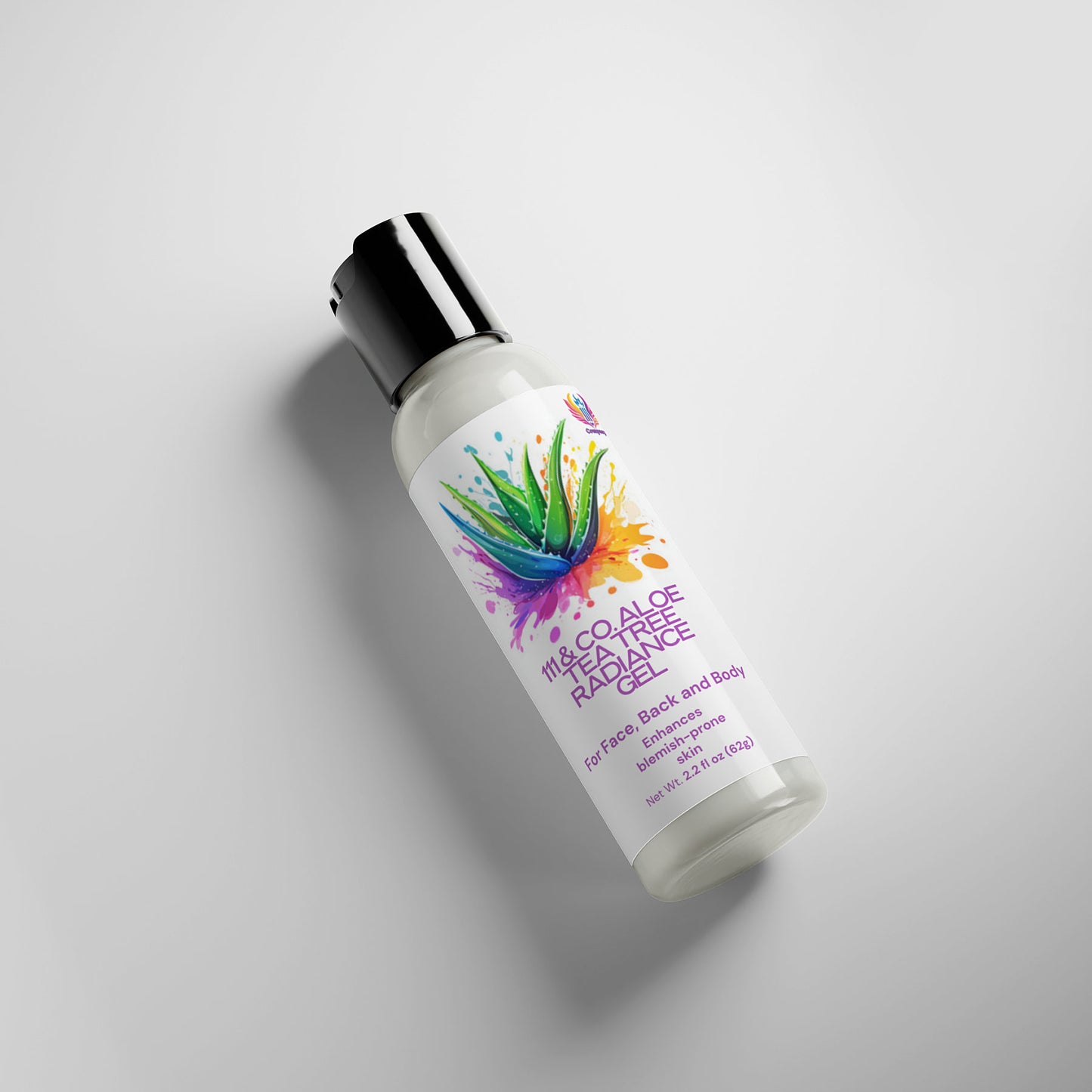 A bottle of 111 & COMPANY ALOE TEA TREE RADIANCE GEL lies on its side against a light background. Its label features a watercolor-style aloe plant with vibrant splashes, and the text reads White Aloe Head to Toe Radiance Face and Body Lotion.