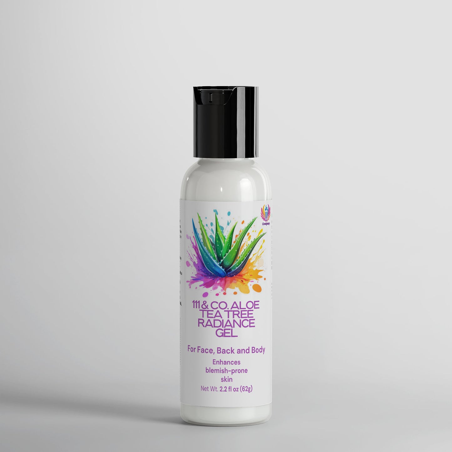 The 111 & COMPANY Aloe Tea Tree Radiance Gel, featuring a white bottle with a black cap and vibrant aloe illustration, is designed for face, back, and body. This 2.12 fl oz (62g) gel targets blemish-prone skin and includes tea tree oil for added radiance.