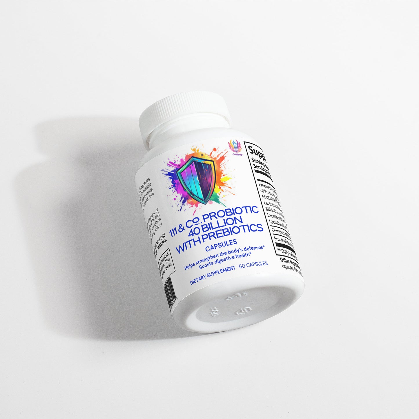 A white bottle of 111 & COMPANY PROBIOTIC 40 BILLION WITH PREBIOTICS from 111 & Company features a colorful shield graphic on a white background, containing 60 capsules that highlight the benefits of diverse probiotic strains for enhanced digestive health.
