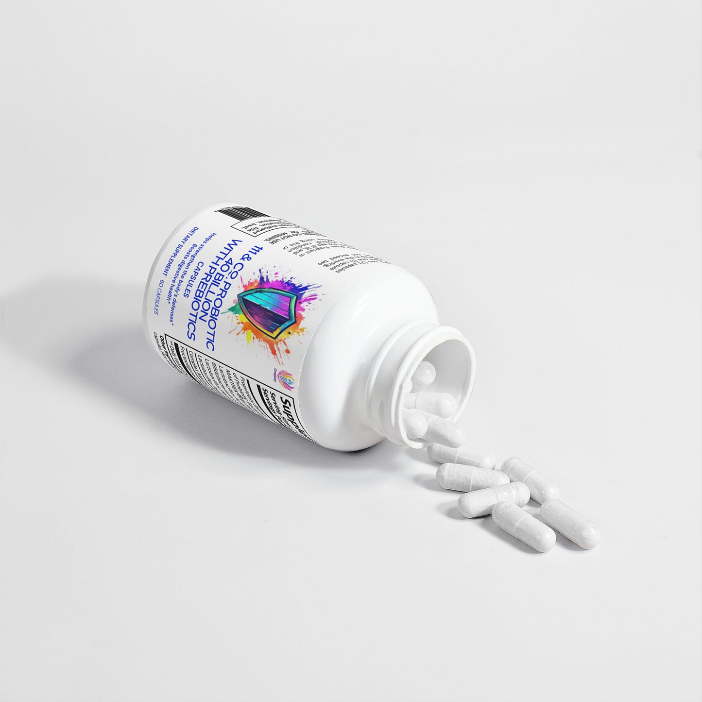 A tipped white bottle with vibrant graphics spills white capsules onto a plain surface. The label, showcasing 111 & COMPANY PROBIOTIC 40 BILLION WITH PREBIOTICS by 111 & Company, features a lively geometric design, emphasized by the softly lit minimalistic background.