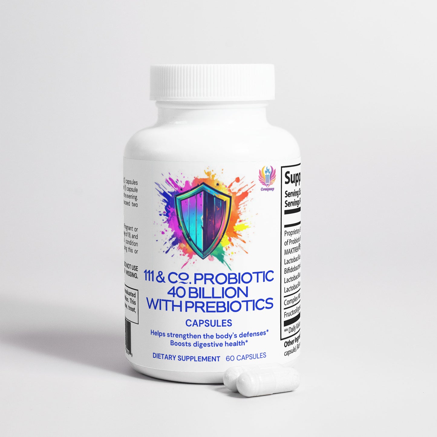 A white bottle labeled 111 & COMPANY PROBIOTIC 40 BILLION WITH PREBIOTICS by 111 & Company features a vibrant shield logo. It contains 60 capsules to boost immunity and improve digestion, with two white capsules beside it.