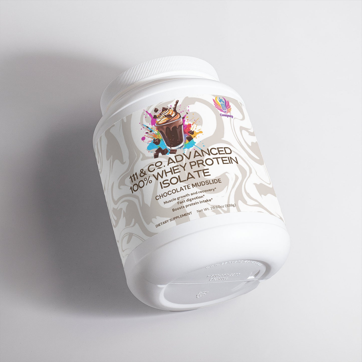 A container of 111 & Company Chocolate Mudslide Whey Protein is perfect for muscle recovery. It features a chocolate milkshake image on the label and is set against a plain background.