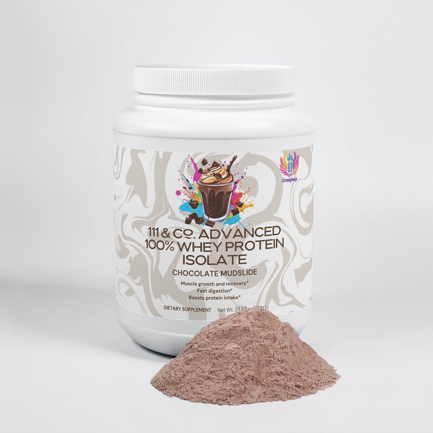 The 111 & Company Chocolate Mudslide Whey Protein is presented in a white container featuring an exciting chocolate explosion graphic. In front lies a mound of light brown powder for muscle recovery, set against an elegant light gray background.