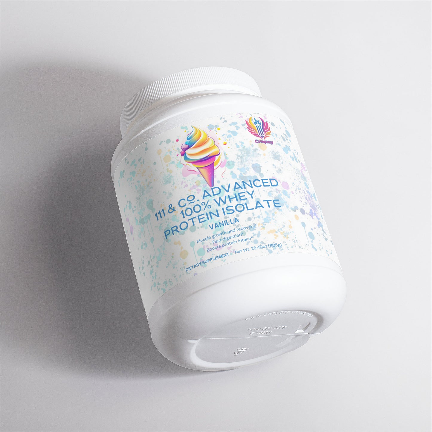 The large white container of 111 & Co. ADVANCED 100% WHEY PROTEIN ISOLATE (VANILLA) by 111 & Company features a colorful abstract design with an ice cream cone icon, ideal for muscle recovery, and elegantly stands against a simple white background.