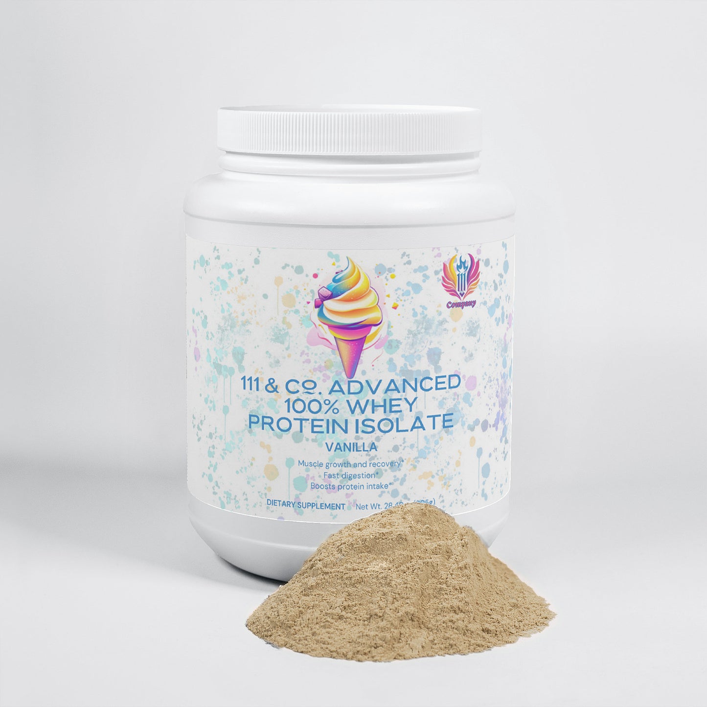 A large tub of 111 & Co. ADVANCED 100% WHEY PROTEIN ISOLATE (VANILLA) is showcased. The label has an ice cream cone graphic, highlighting muscle recovery. A small pile of powder sits in front against a light gray backdrop.