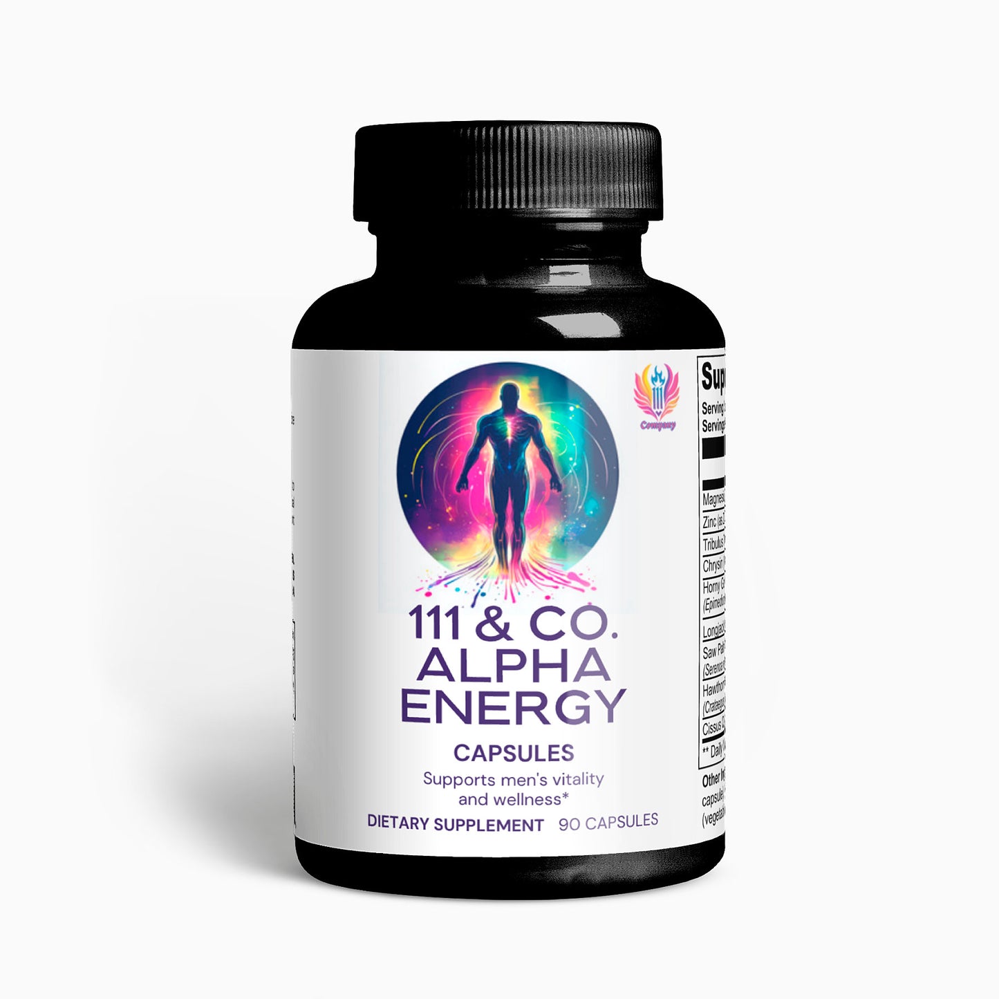 The 111 & Co. ALPHA ENERGY by 111 & Company is a black bottle containing 90 capsules. It features a colorful human silhouette and vibrant light, promoting mens health. Sealed with a cap, its set against a white background highlighting its wellness focus.