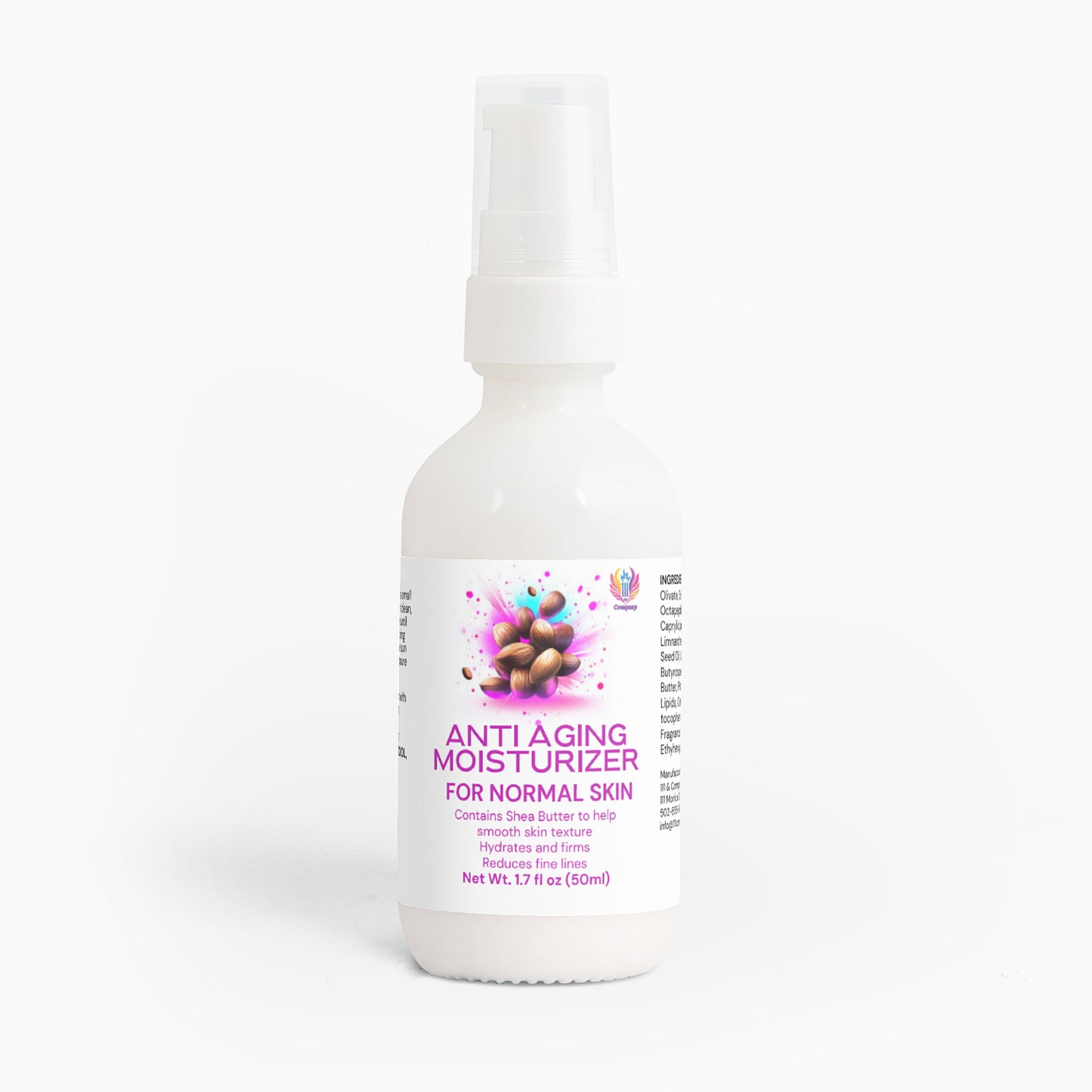 A white pump bottle labeled 111 & Co. ANTI AGING MOISTURIZER FOR NORMAL SKIN by 111 & Company, featuring shea butter illustrations and purple text, promotes hydration, firming, and collagen production for mature skin. It weighs 1.7 fl oz (60 ml), set against a plain white background.