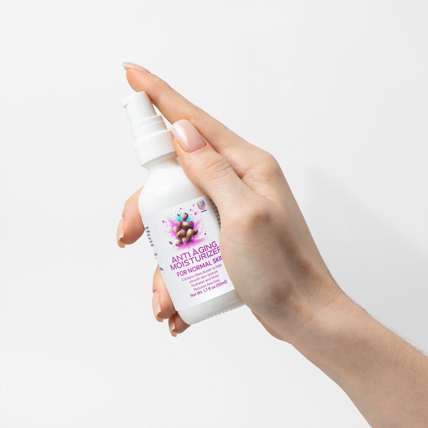 A hand elegantly holds a white pump bottle labeled 111 & Co. ANTI AGING MOISTURIZER FOR NORMAL SKIN by 111 & Company against a white background. Designed for mature skin, the label boasts colorful graphics. The manicured nails enhance the poised thumbs readiness for skin renewal.