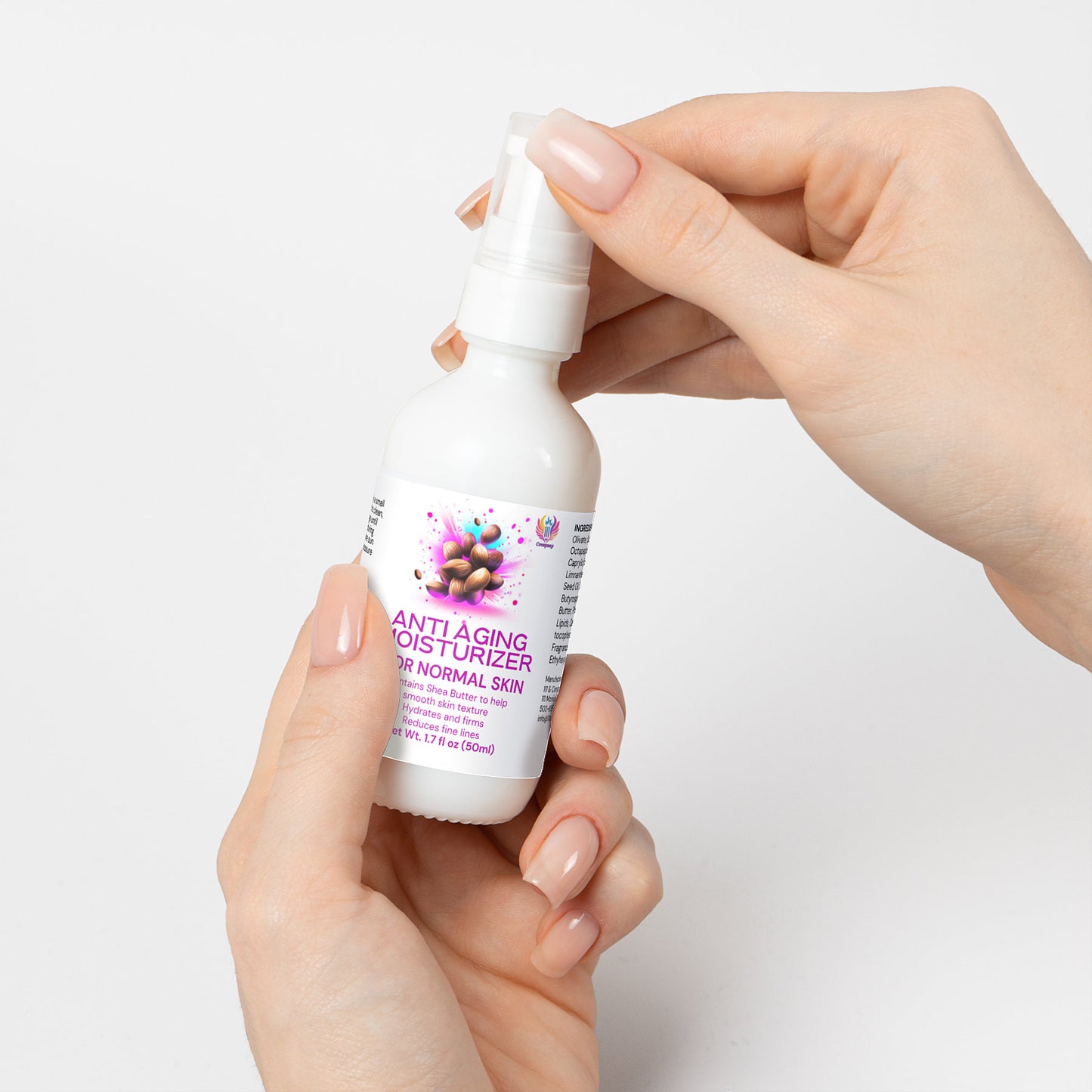 A persons hands hold a white bottle of 111 & Co. Anti Aging Moisturizer for Normal Skin, boasting collagen-boosting benefits. The bottle shows cream on a purple background, and the right hand hovers over the pump dispenser.