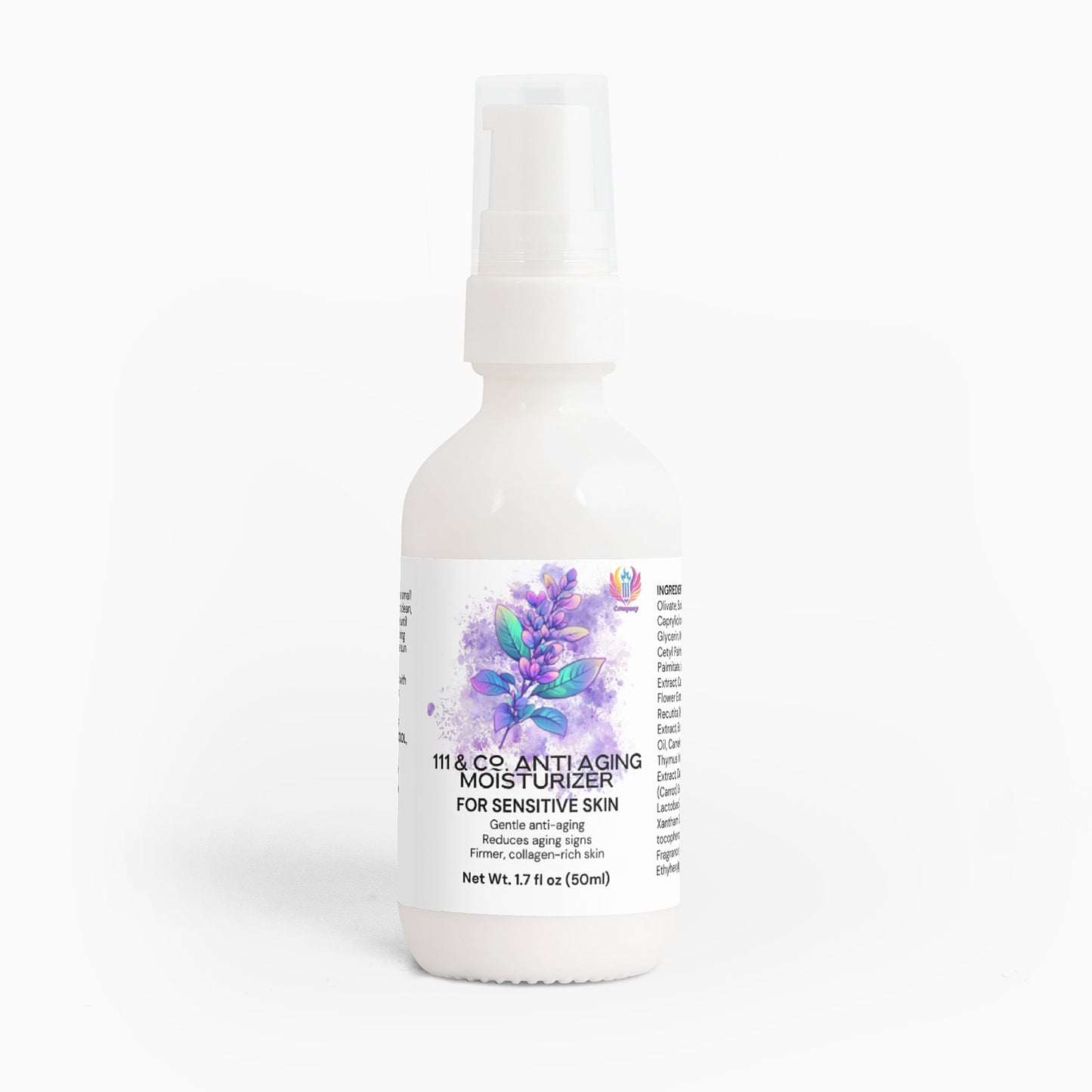 A 1.7 fl oz (50 ml) white bottle of 111 & Co. Anti-Aging Moisturizer for sensitive skin has a pump dispenser. The label showcases its benefits for skin elasticity and collagen, with a purple floral design and black text on a plain white backdrop.