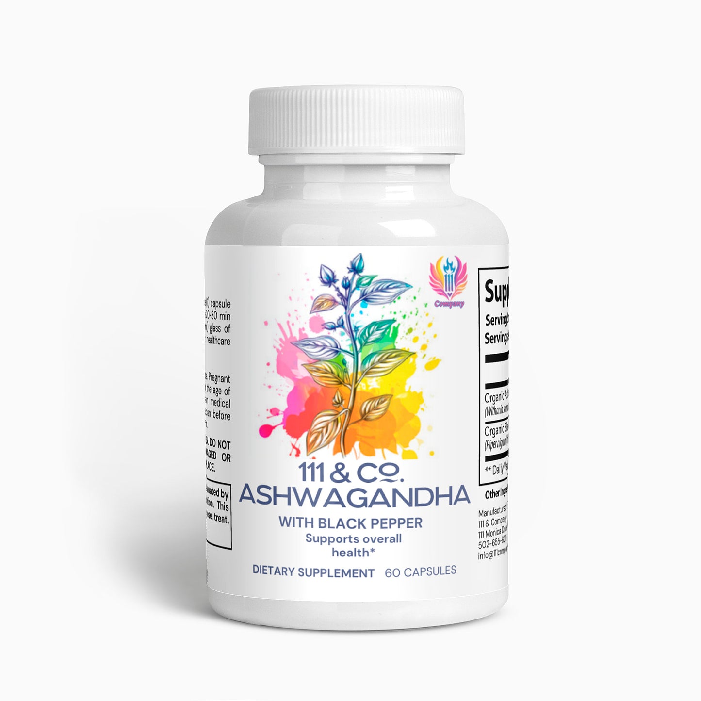 A white bottle labeled 111 & Company Ashwagandha (with Black Pepper) features a vibrant plant design and reflects Ayurvedic roots. It holds 60 dietary supplement capsules, promoting overall health. The white cap complements the labels sleek design.