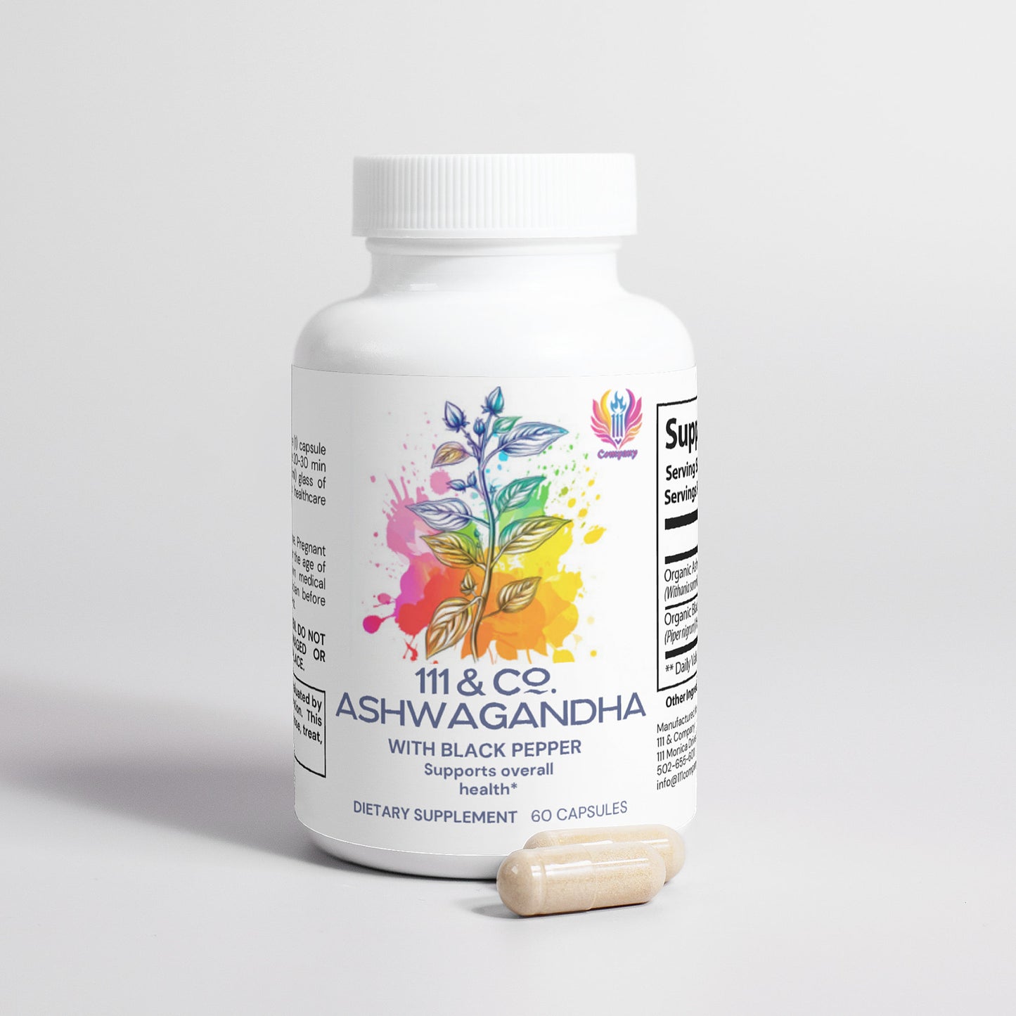 The 111 & Company Ashwagandha (with Black Pepper) features a vibrant plant illustration, emphasizing its adaptogenic benefits for overall health. The white bottle with a white cap holds 60 capsules, derived from Ayurvedic medicine. Two beige capsules are displayed beside it.