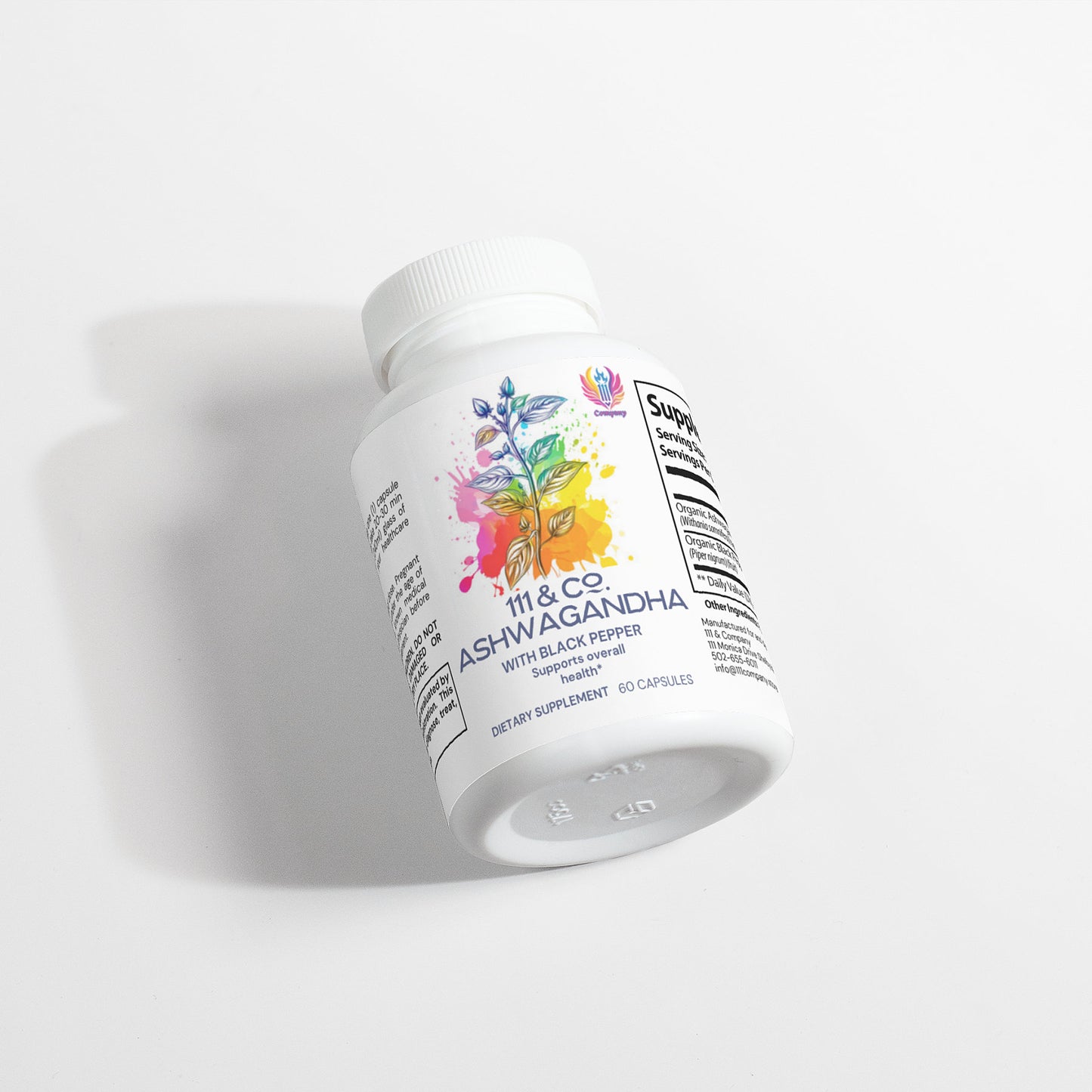 A white bottle labeled 111 & Company Ashwagandha (with Black Pepper) sits on a pristine surface. The vibrant label with a plant illustration highlights its Ayurvedic roots. Inside are 60 dietary supplement capsules, with a shadow to the left adding depth to the scene.