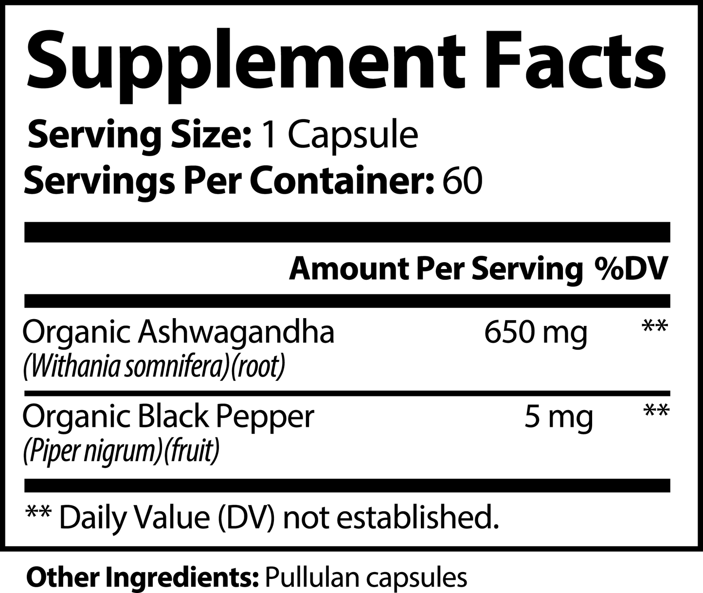 The 111 & Company ASHWAGANDHA supplement, rooted in Ayurvedic medicine, provides a serving size of 1 capsule with 60 servings per container. It contains 650 mg Organic Ashwagandha root and 5 mg Organic Black Pepper fruit in Pullulan capsules. Daily Value not established.