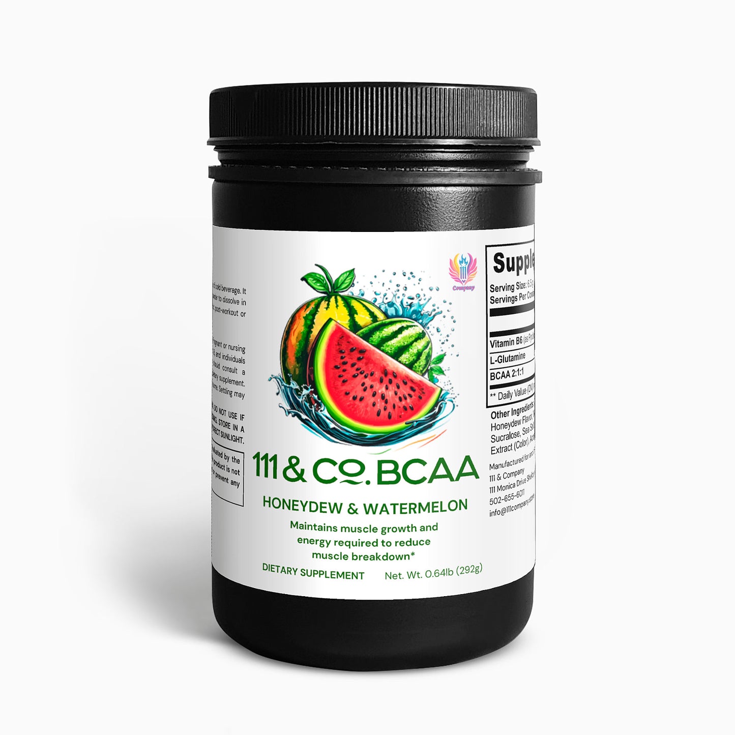 A black container of 111 & COMPANY BCAA dietary powder showcases honeydew and watermelon graphics, highlights benefits like muscle growth maintenance and recovery, and weighs 0.64 lb (292g), labeled Honeydew & Watermelon.