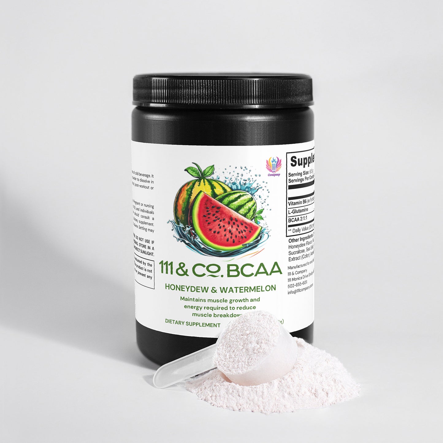 The 111 & COMPANY BCAA POST WORKOUT POWDER by 111 & Company comes in a black container with honeydew and watermelon flavors, featuring fruit illustrations and nutritional information focusing on muscle recovery amino acids. A white scoop with powder is displayed in front.