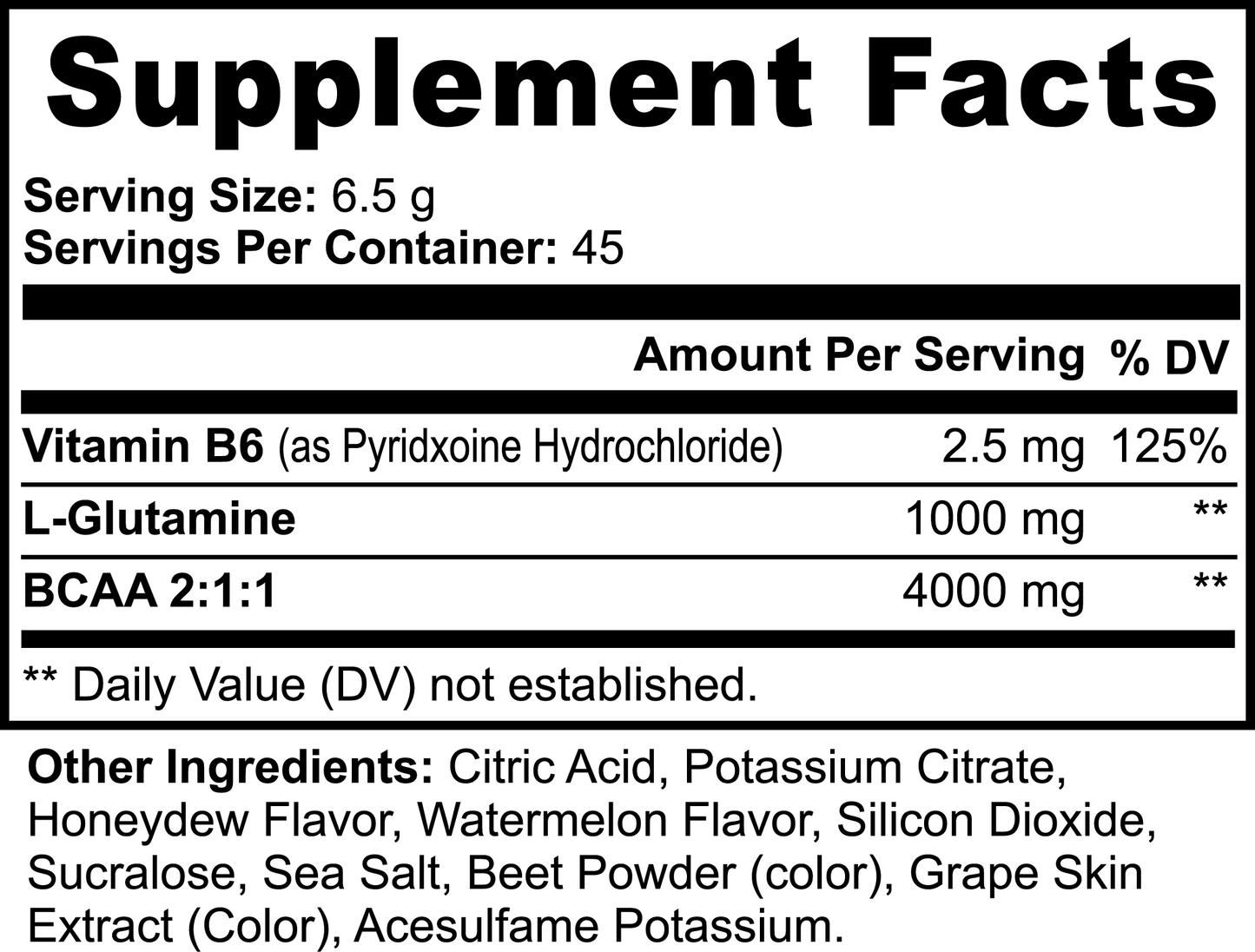 The black and white supplement facts label for 111 & COMPANY BCAA POST WORKOUT POWDER (HONEYDEW/WATERMELON) by 111 & Company shows nutritional info for muscle recovery. Serving size: 6.5g, 45 servings per container. Contains Vitamin B6 2.5mg, L-Glutamine 1000mg, BCAA acidic amino acids blended at a ratio of 2:1:1 with 4000 mg dosage each portion alongside citric acid, honeydew flavoring, etcolola. Daily values not determined.