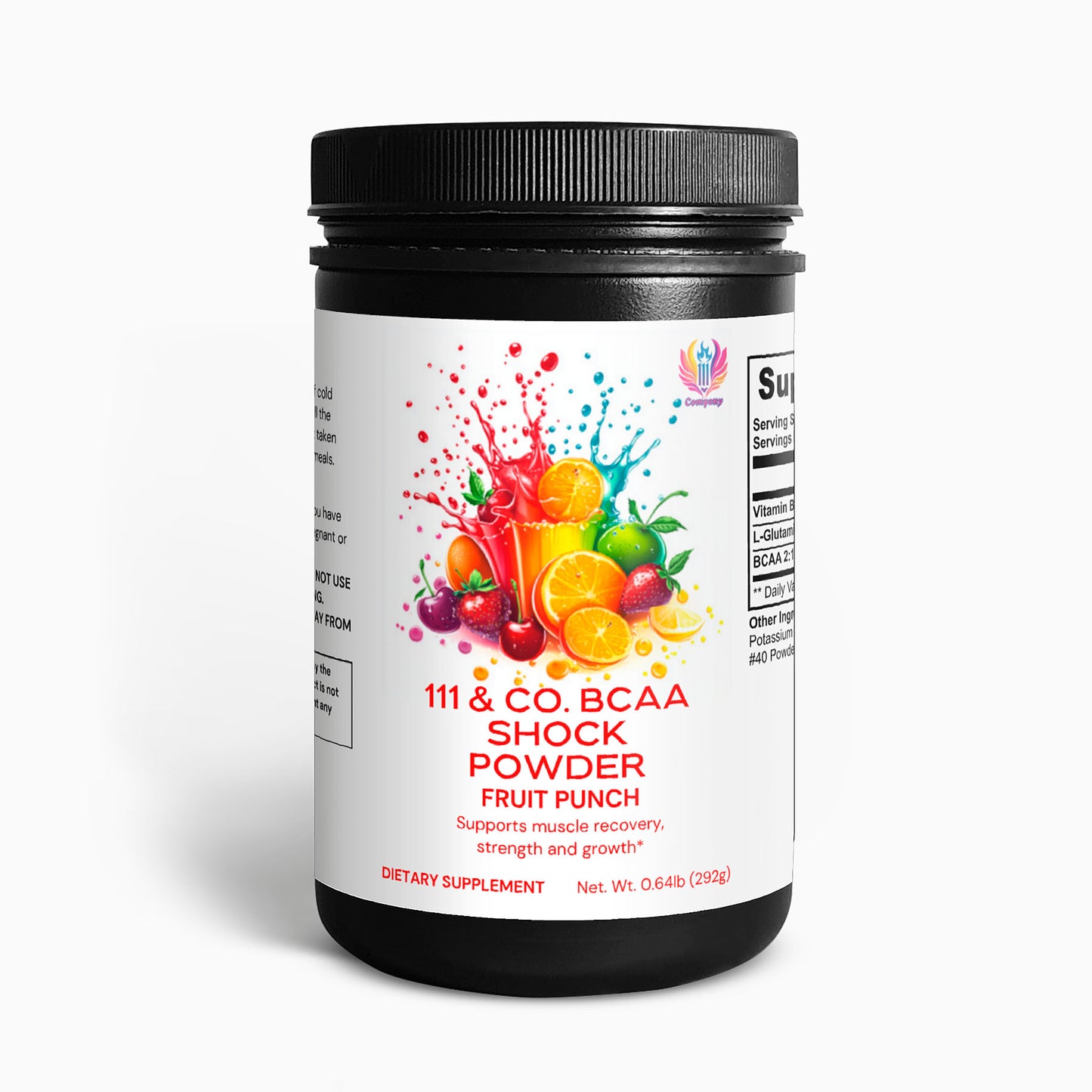 The black jar of 111 & COMPANY BCAA SHOCK POWDER (FRUIT PUNCH) features splashes of oranges, lemons, and cherries, offering muscle recovery, strength, and growth benefits with 0.64lb (292g) of fruit punch-flavored branched-chain amino acids.