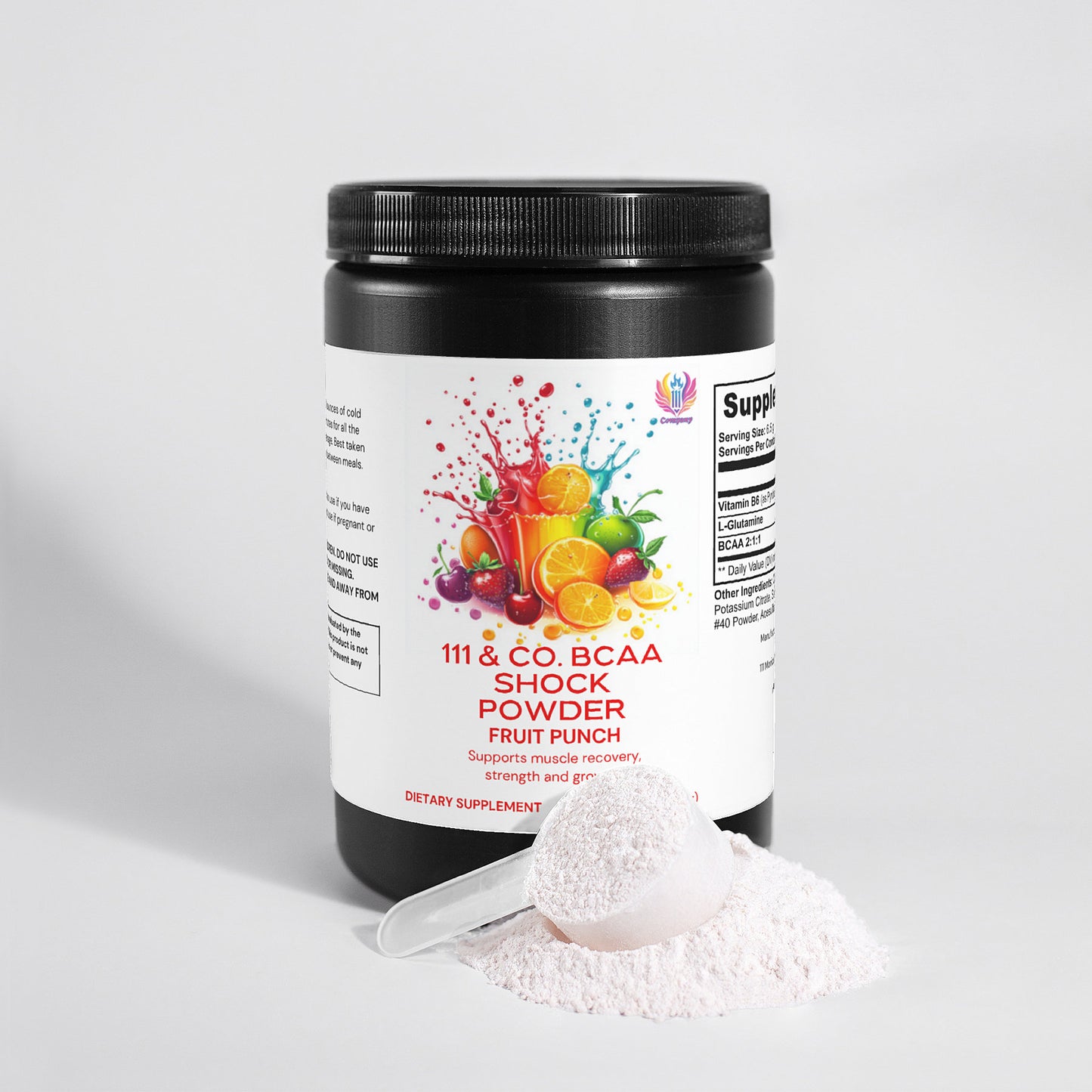 A black container labeled 111 & Company BCAA SHOCK POWDER (FRUIT PUNCH) promises enhanced muscle recovery with branched-chain amino acids. The vibrant label shows oranges, lemons, and berries. A scoop of light pink powder sits in front, with nutritional information visible on the side.