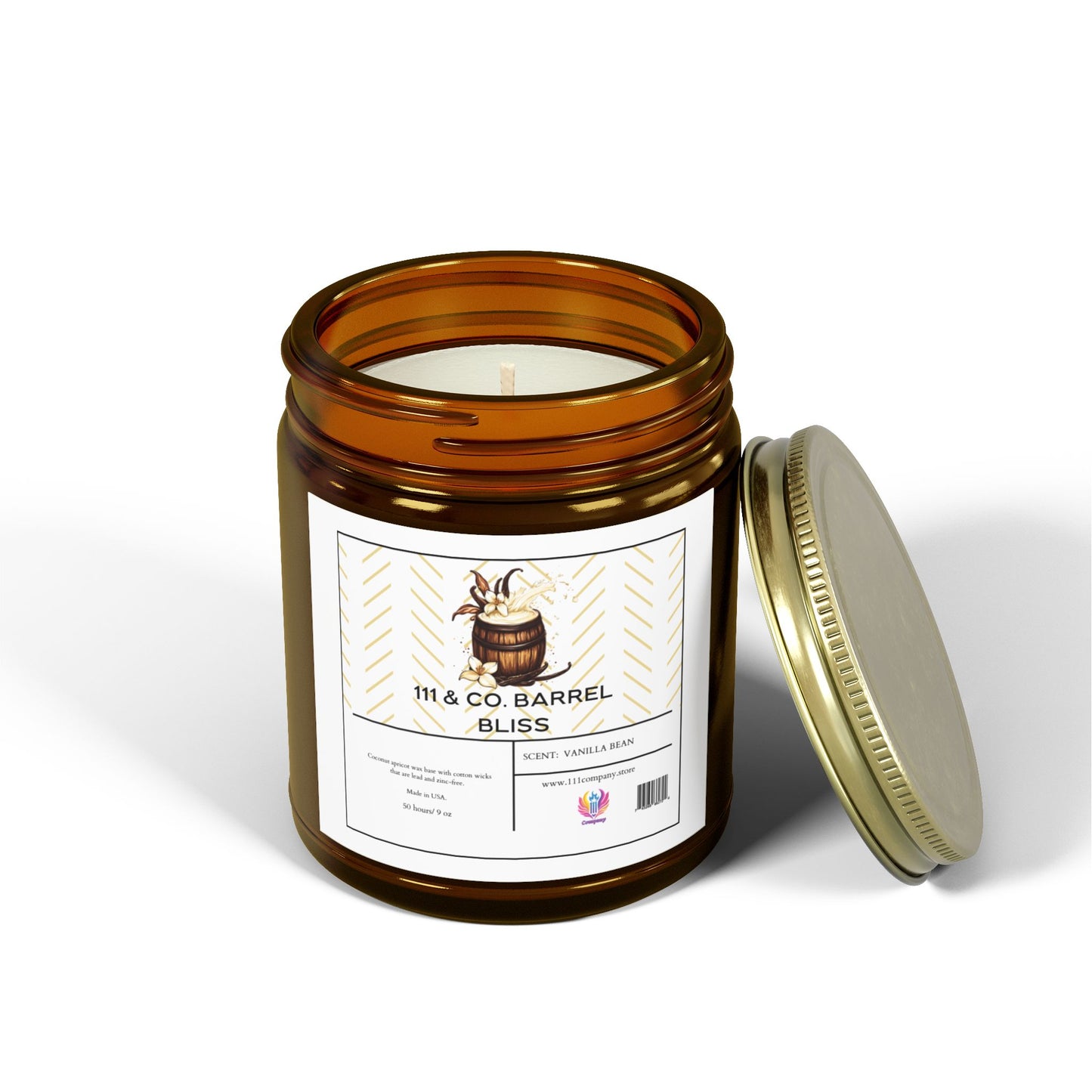 Amber glass candle jar with a white label showcasing a barrel graphic and text 111 & Company Barrel Bliss and Scent: Vanilla Bean. The reusable jar, with its gold lid beside it, contains eco-friendly coconut apricot wax. Background is plain white. Brand: 111 & Company.
