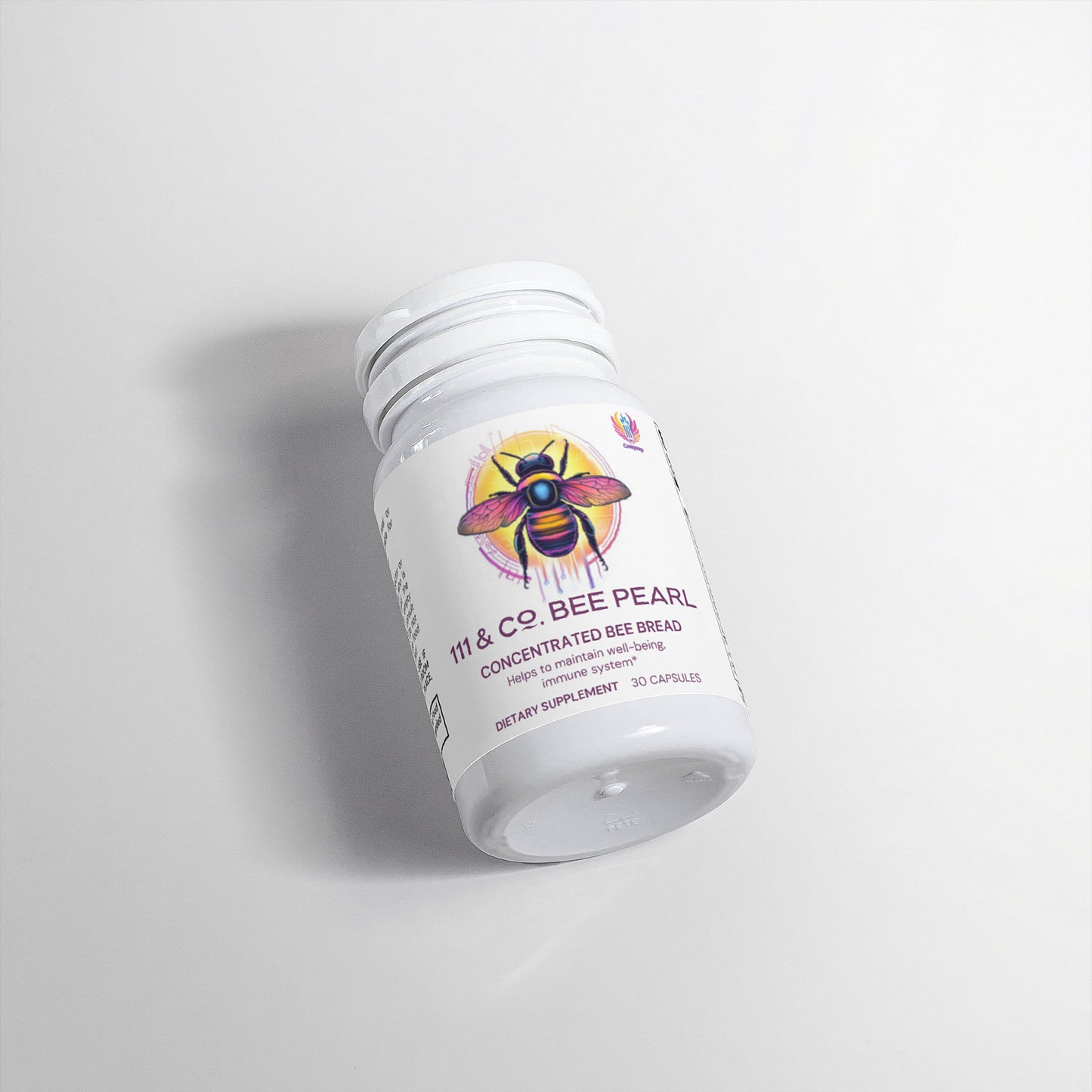 A white bottle of 111 & COMPANY BEE PEARL sits on a white surface, featuring a label with a colorful bee and pearl. It offers 30 capsules of concentrated bee bread rich in antioxidants, with subtle shadows around the bottle highlighting its appeal as a potent dietary supplement.