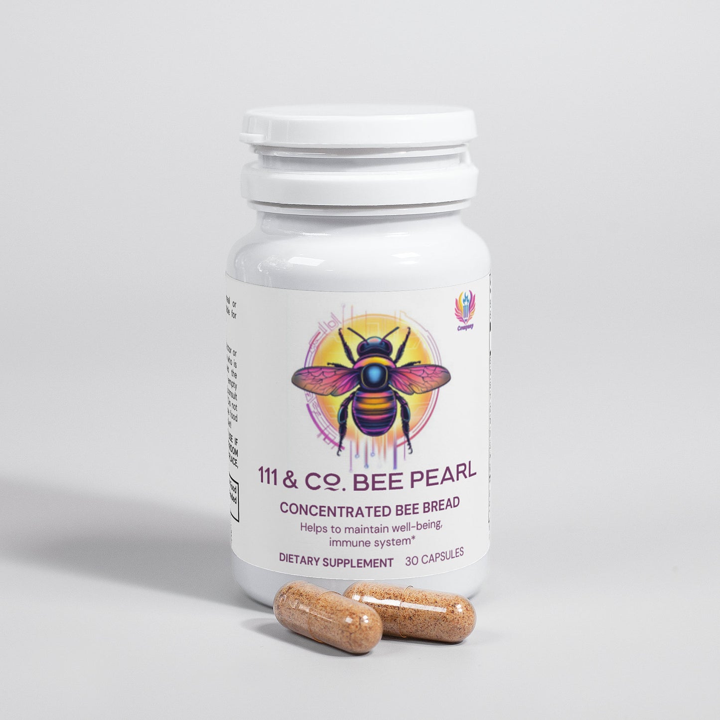 A white bottle labeled 111 & COMPANY BEE PEARL by 111 & Company has a bee illustration on a colorful backdrop, stating it helps maintain well-being and the immune system with antioxidants. It is a dietary supplement containing 30 capsules, with two capsules displayed beside it.