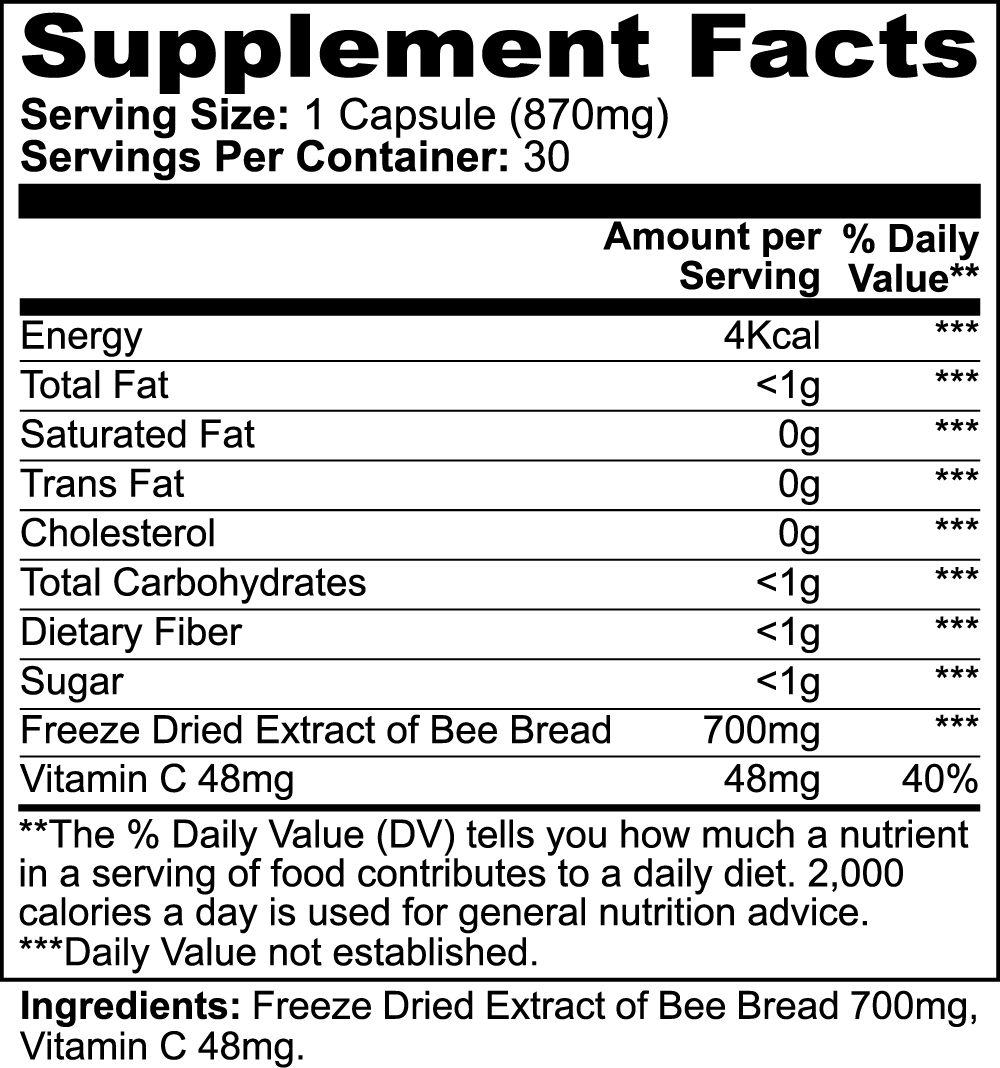 The Bee Pearl supplement by 111 & Company provides a serving size of 1 capsule (870 mg), with 30 servings per container. It includes energy, fat, cholesterol, carbohydrates, sugar, and 700 mg of bee bread extract. Contains vitamin C (48 mg, 40% DV). Most component values are not established.