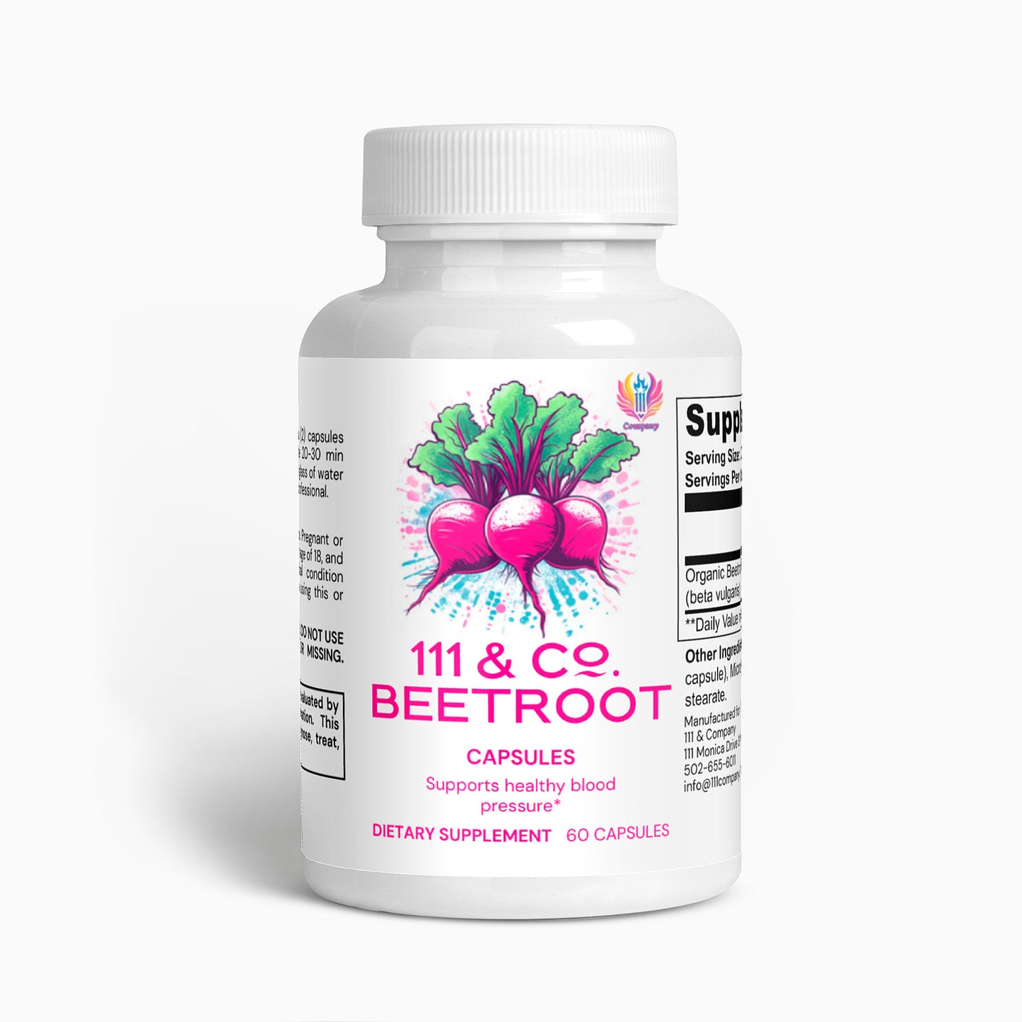 The label of 111 & Company Beetroot Capsules, featuring three beetroots with green leaves, claims it Supports healthy blood pressure and athletic performance. These 60 dietary supplements might also boost nitric oxide for optimal well-being.
