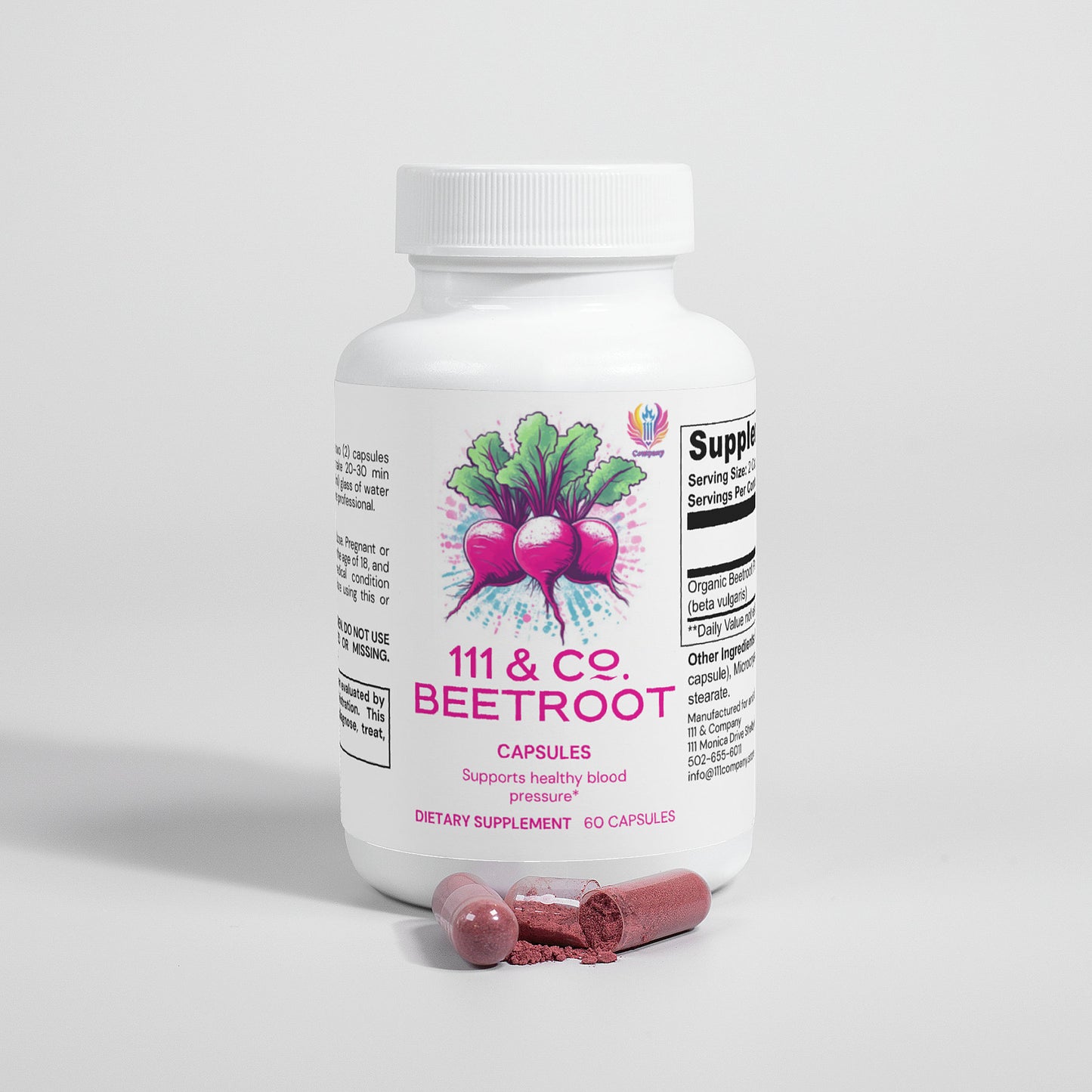 The 111 & Company Beetroot Capsules white bottle, showcasing beetroots known for boosting athletic performance via nitric oxide production, contains 60 capsules to support healthy blood pressure. Two capsules and some red powder spill in front with supplement facts partially visible.