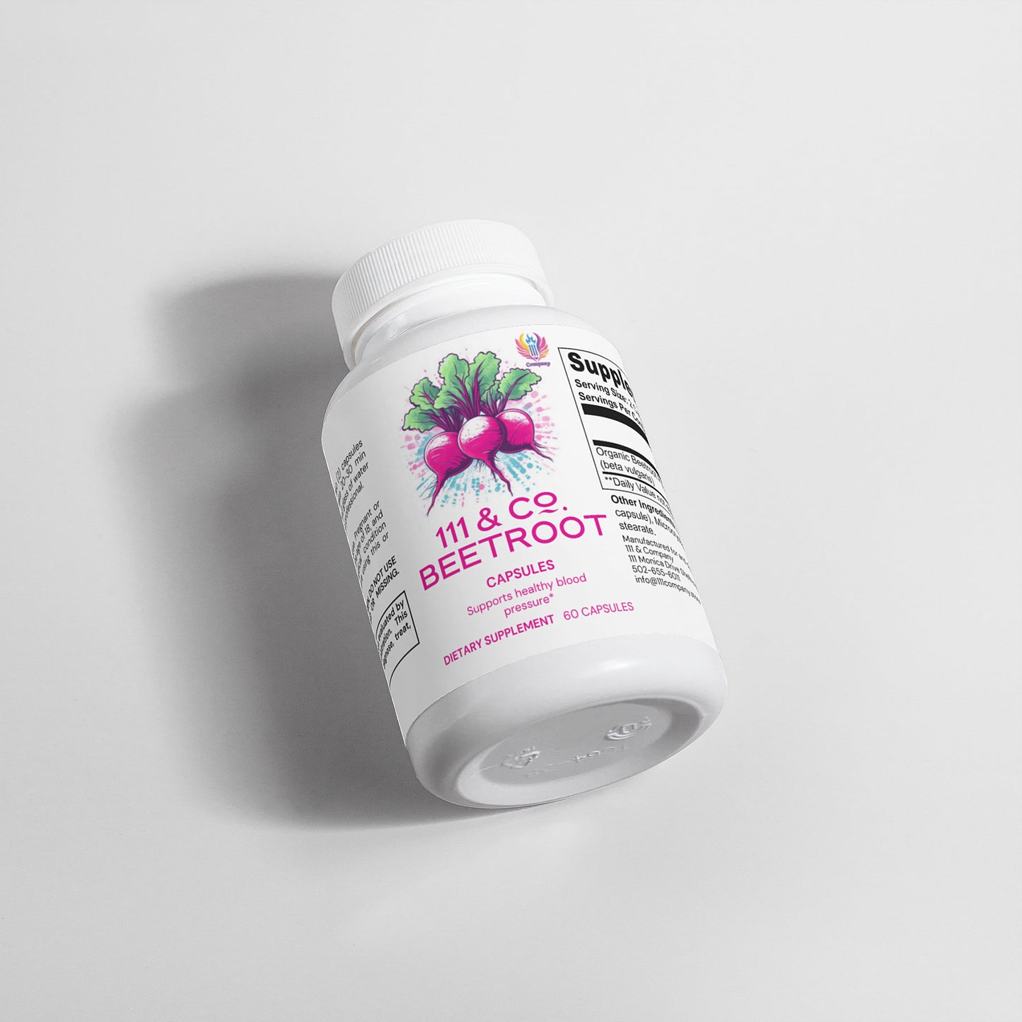 A white plastic bottle of 111 & COMPANY BEETROOT CAPSULES lies on a gray surface. The label features beetroots, stating Supports healthy blood pressure and benefits athletic performance, with Dietary Supplement 90 Capsules printed. Supplement facts are partially visible.