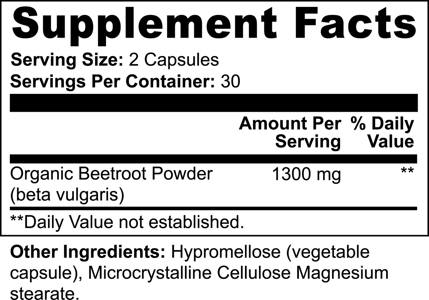 The Supplement Facts for 111 & COMPANY BEETROOT CAPSULES, by 111 & Company, show each 2-capsule serving contains 1300 mg of organic beetroot powder (Beta vulgaris) to enhance nitric oxide levels. It has hypromellose, microcrystalline cellulose, magnesium stearate. No established daily value. Contains 30 servings per container.