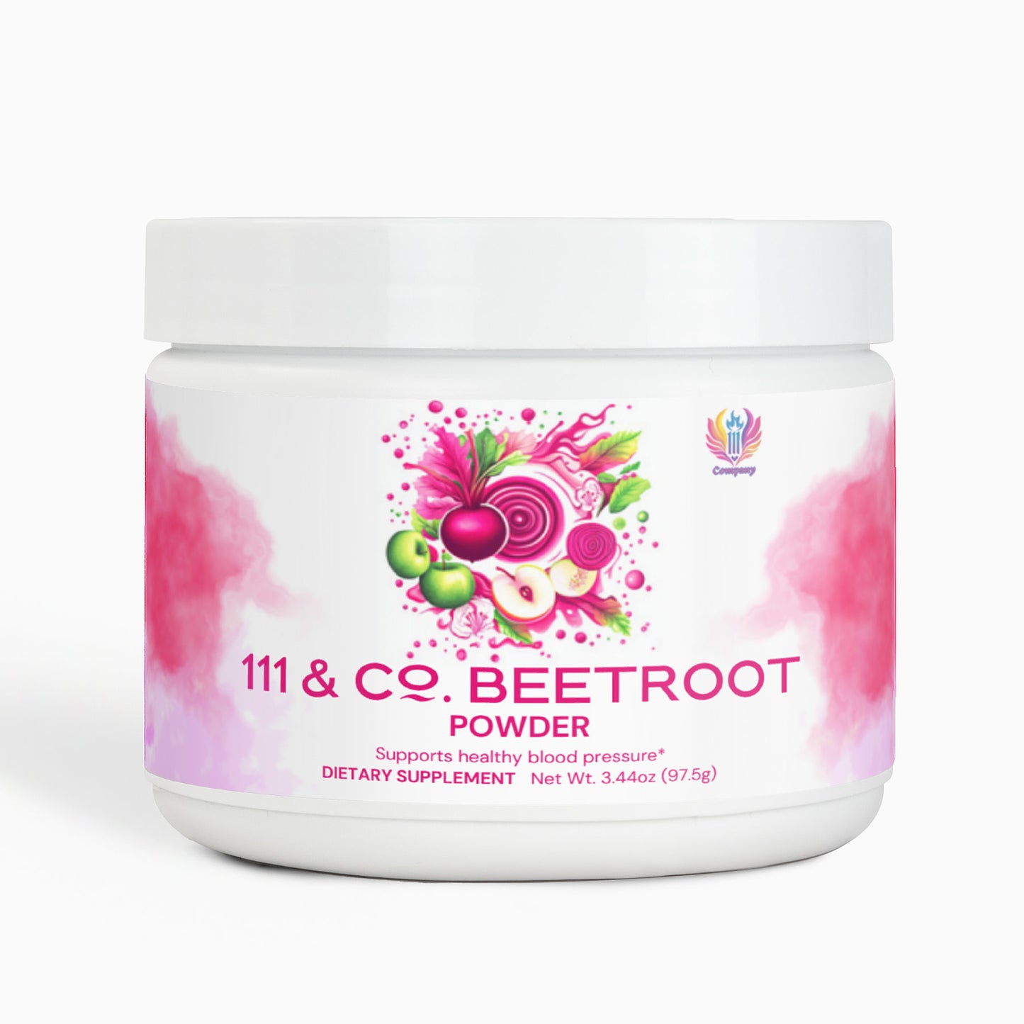 A 3.44 oz (97.5g) jar of 111 & Company Beetroot Powder displays a vibrant design with beetroot illustrations, a blood pressure graphic, and leaf patterns, supporting healthy blood flow and cardiovascular health.