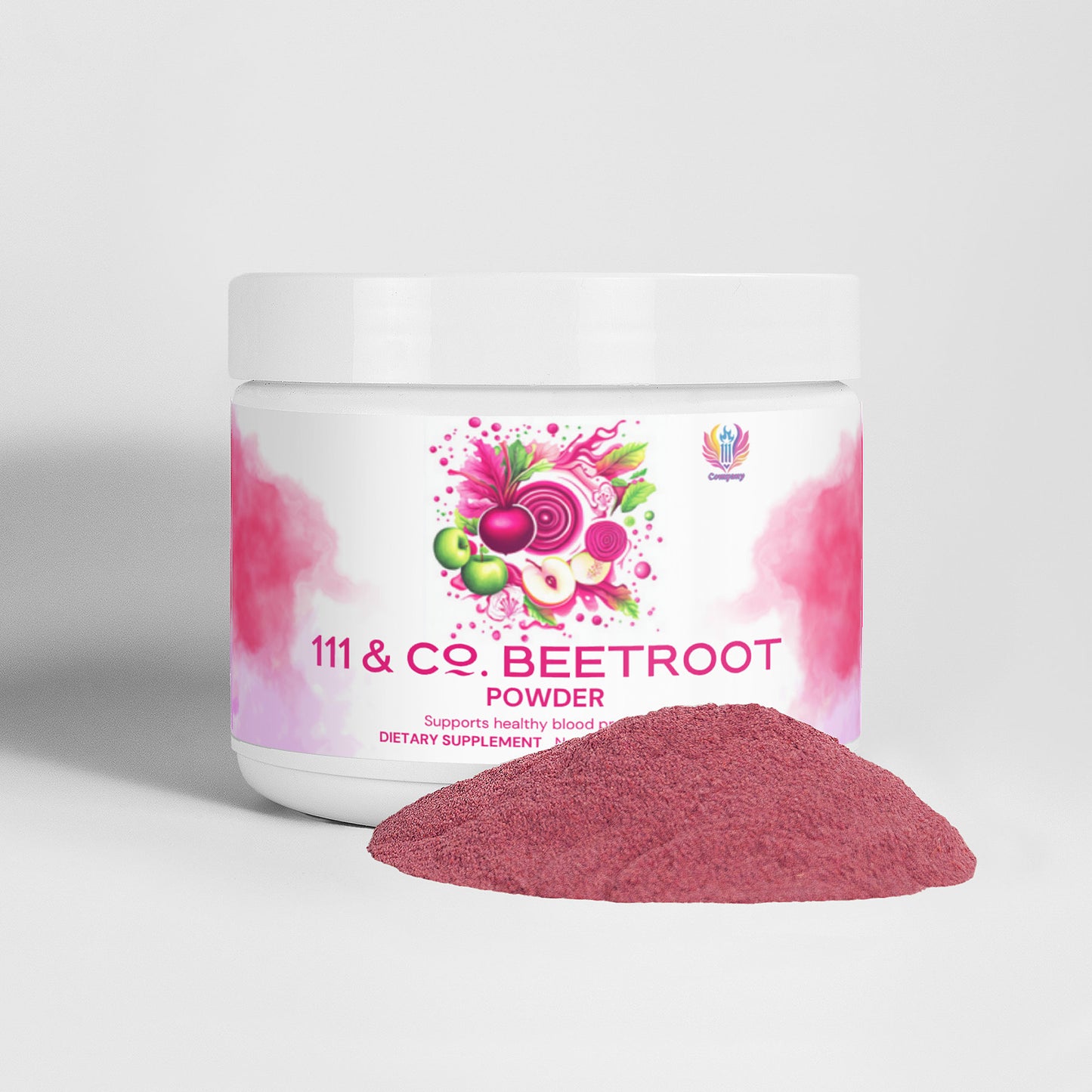 A white container labeled 111 & COMPANY BEETROOT POWDER from 111 & Company, featuring vibrant beetroot and fruit designs, stands on a surface with reddish-purple powder scattered in front. The label promotes benefits like healthy blood pressure and improved blood flow, ideal for post-workout recovery.