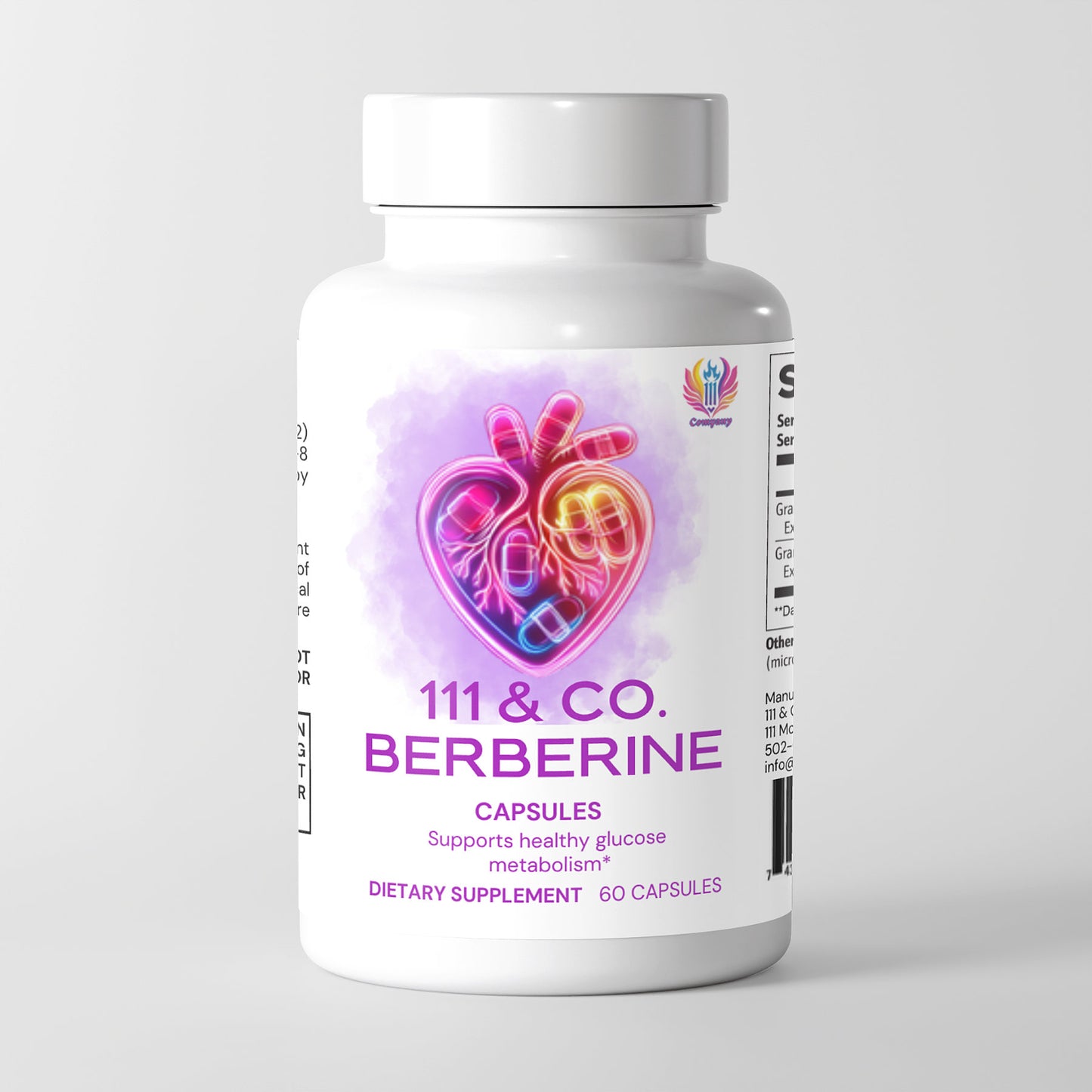A white bottle of 111 & COMPANY BERBERINE from 111 & Company shows a colorful heart design of pill shapes, highlighting heart health. The text mentions supporting healthy glucose metabolism and blood sugar. It has a gray cap and 60 capsules, with the brand logo above the text.