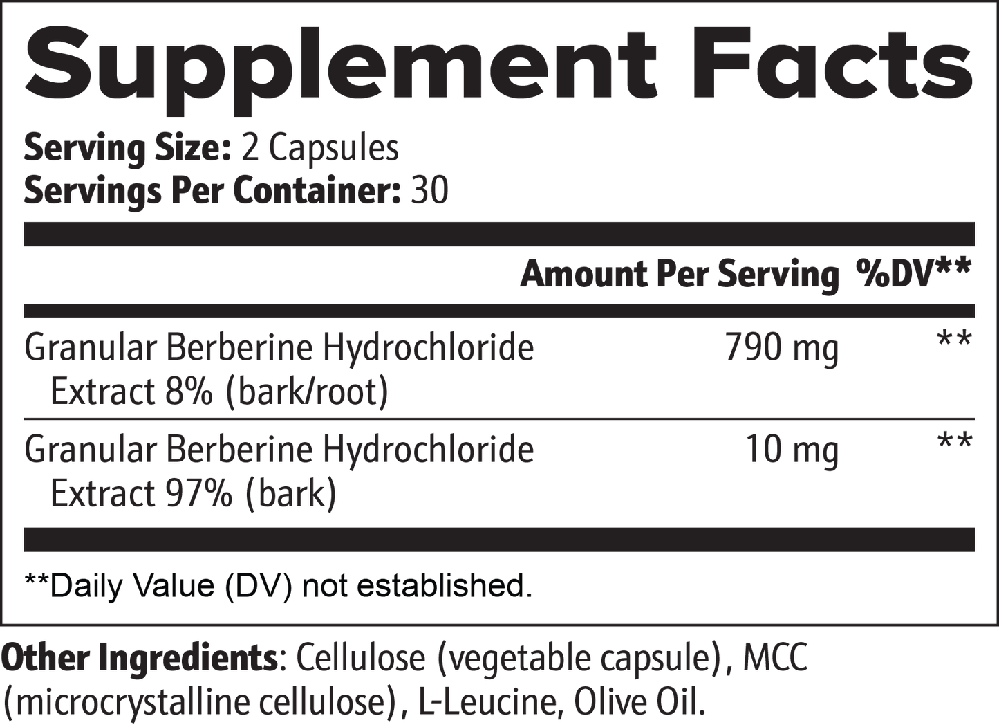 Supplement Facts label for 111 & Company Berberine capsules supporting heart health. Serving size: 2 capsules, with 30 servings per container. Includes 790 mg of 8% granular berberine hydrochloride extract and 10 mg of 97% granular berberine hydrochloride extract. Other ingredients: cellulose, MCC, L-Leucine, olive oil.