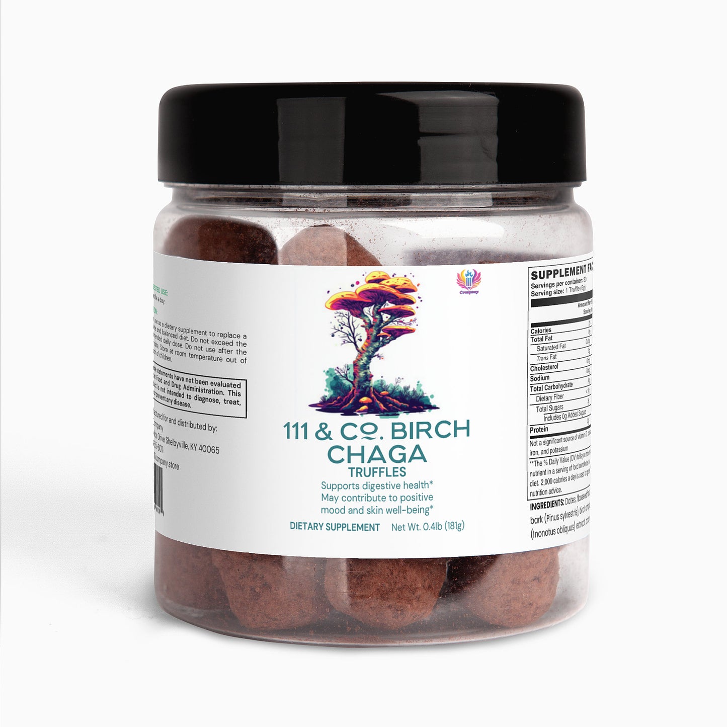 A clear plastic jar with a black lid contains 111 & Company Birch Chaga Truffles, featuring benefits for digestive health, mood, and skin. The dietary supplement weighs 0.48 pounds (218 grams).