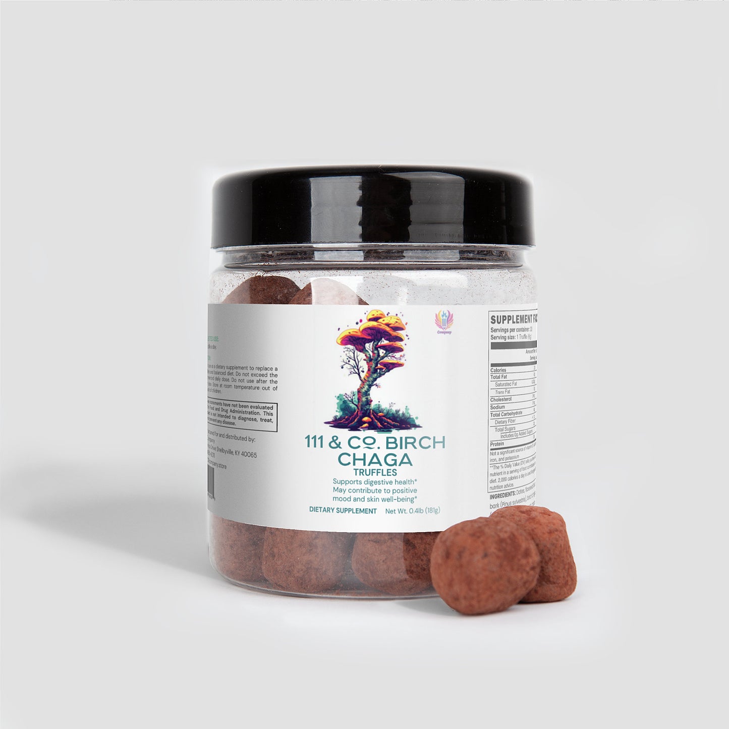 A clear jar with a black lid holds brown, round truffles labeled 111 & Company Birch Chaga Truffles, featuring a colorful tree design. The label highlights antioxidant content and displays nutrition facts on the side. The jar is set against a light gray background.