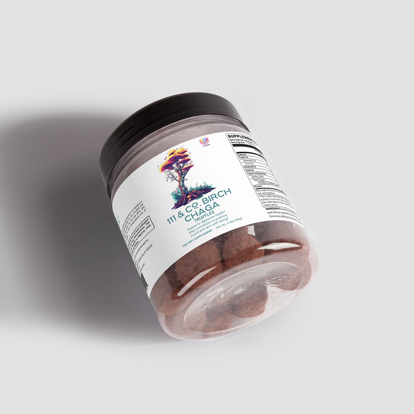 A clear plastic jar labeled 111 & COMPANY BIRCH CHAGA TRUFFLES lies on its side against a light gray background. The label displays a colorful abstract design with nutrition facts. Inside, the brown spherical truffles are rich in antioxidants to support your gut microbiome.