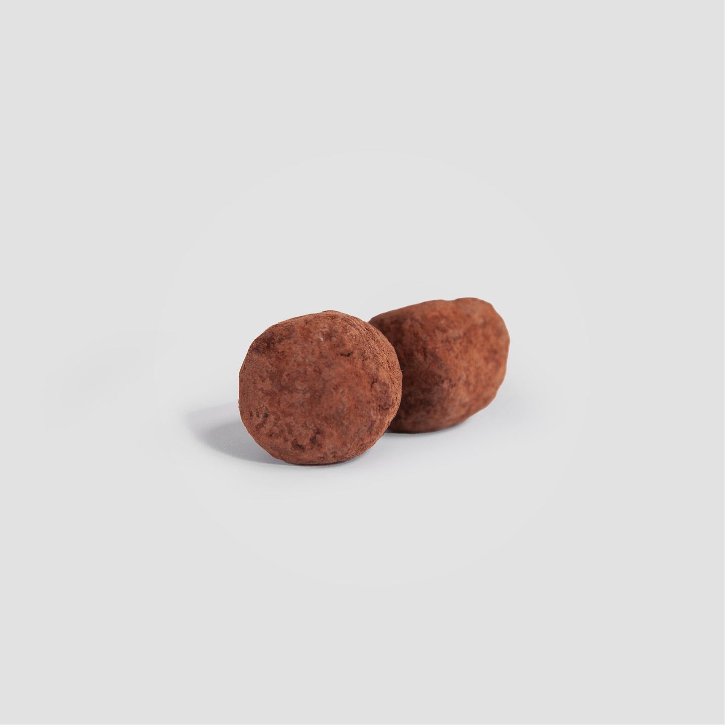The 111 & COMPANY BIRCH CHAGA TRUFFLES, featuring a textured surface and covered in cocoa powder, are positioned side by side on a light gray background. Their dusty look hints at their antioxidant benefits for your gut microbiome.