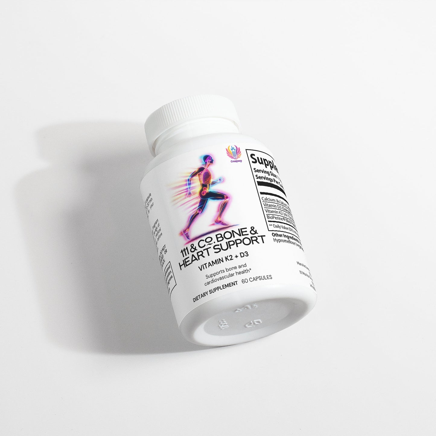 A white bottle of 111 & Company Bone & Heart Support dietary supplements highlights Vitamin K2 and D3 for Bone Health. The label features a colorful running silhouette. Positioned at an angle on a plain white background, the bottle casts a soft shadow.