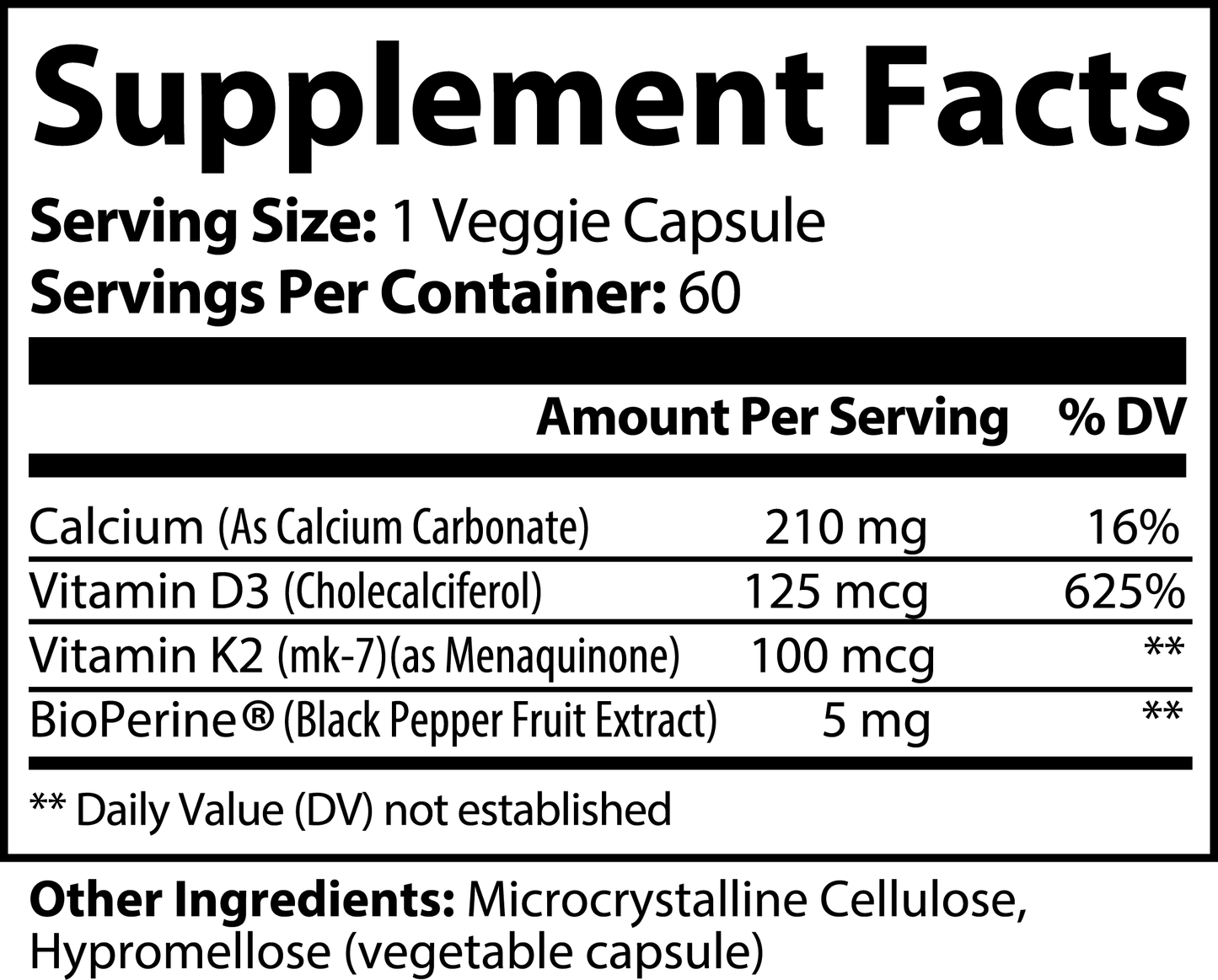 111 & Company Bone & Heart Support veggie capsules provide bone health in a 60-serving container, each with 210 mg Calcium (16% DV), 125 mcg Vitamin D3 (625% DV), 100 mcg Vitamin K2, and 5 mg BioPerine. They also contain microcrystalline cellulose and hypromellose.