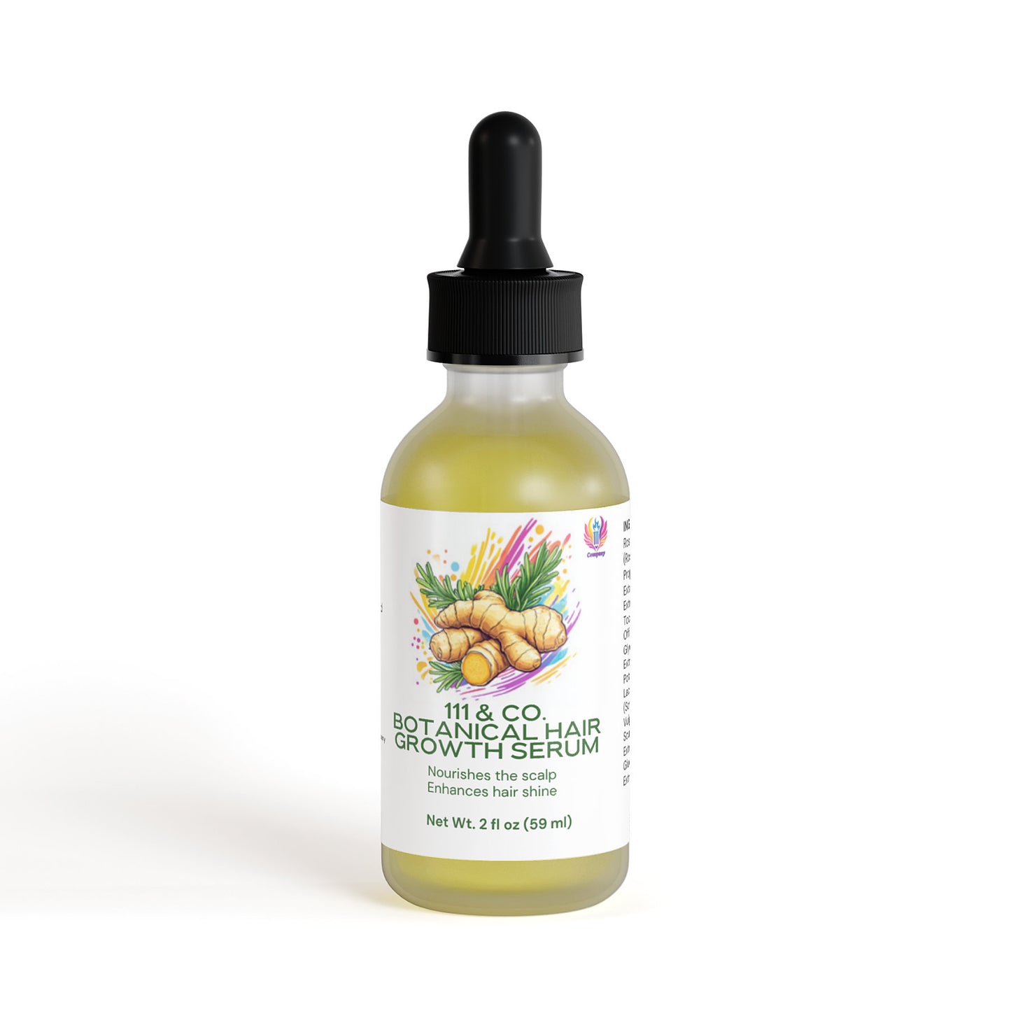 A 2.1 oz (59 ml) bottle of 111 & Company Botanical Hair Growth Serum with a dropper cap features ginger root and leaf illustrations, highlighting its botanical ingredients for nourishing scalp health and enhancing hair shine.