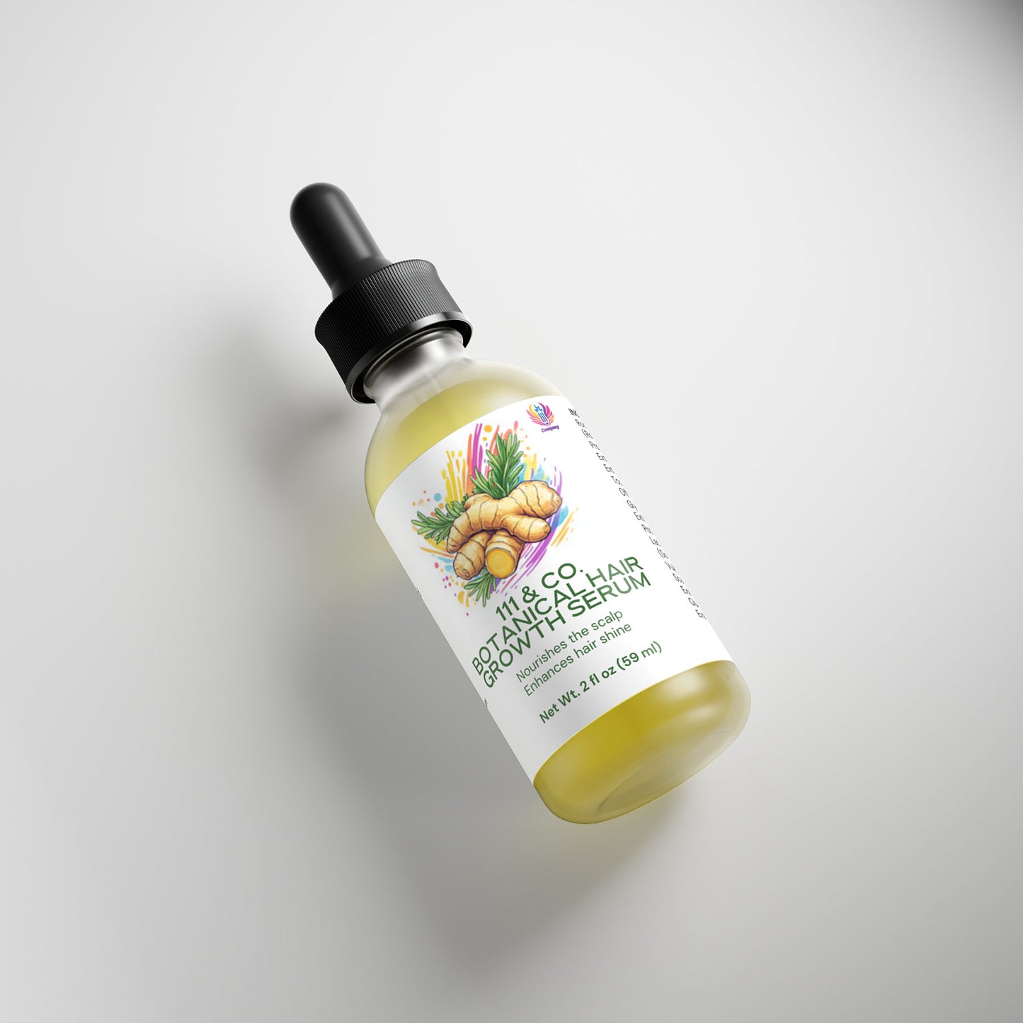 A 111 & Company Botanical Hair Growth Serum bottle with a dropper lid is displayed with botanical illustrations, including ginger. It reads 7-in-1 Botanical Ingredients for Scalp Health, specifying 2 fl oz (59 ml). The bottle rests on a light gray surface.