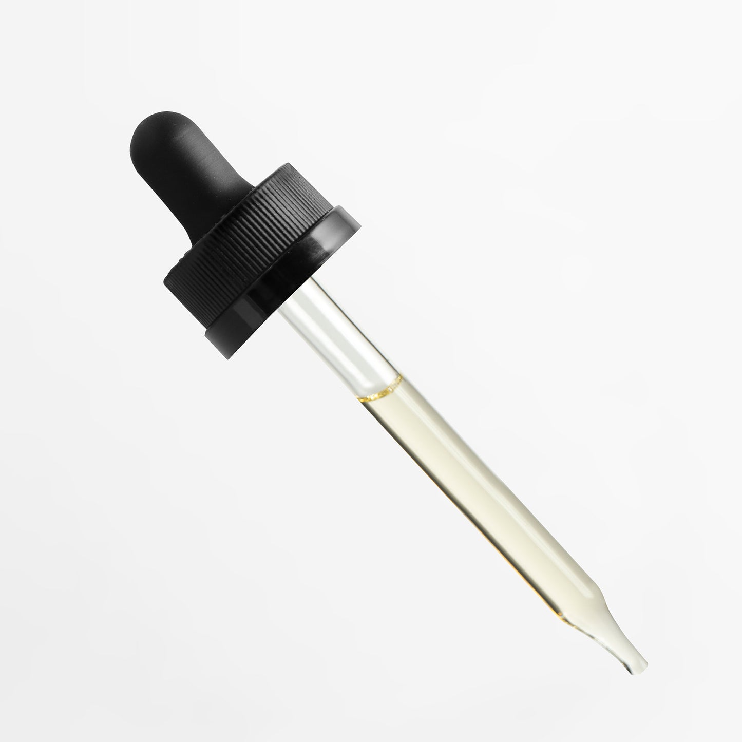 The 111 & COMPANY BOTANICAL HAIR GROWTH SERUM is shown with a black rubber bulb dropper and clear glass body filled with light yellow liquid against a white background. High liquid level near the cap and shadows suggest its botanical ingredients for scalp health.