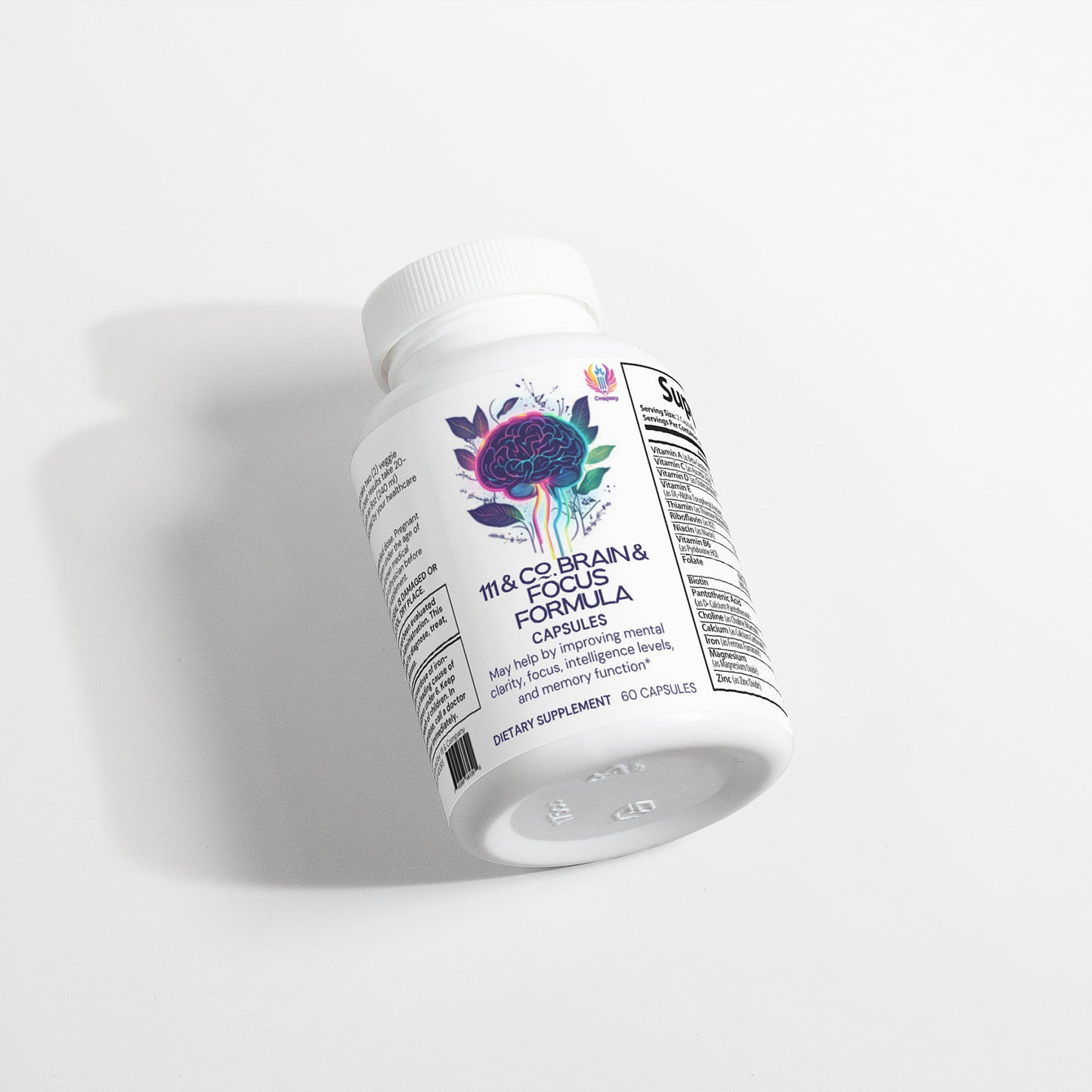 A white bottle of 111 & COMPANY BRAIN & FOCUS FORMULA dietary supplement sits on a light gray surface. The label displays a colorful brain illustration, promising to enhance focus and neuroactivity. Containing 60 capsules, it aims to promote cognitive and mental clarity. Brand: 111 & Company.