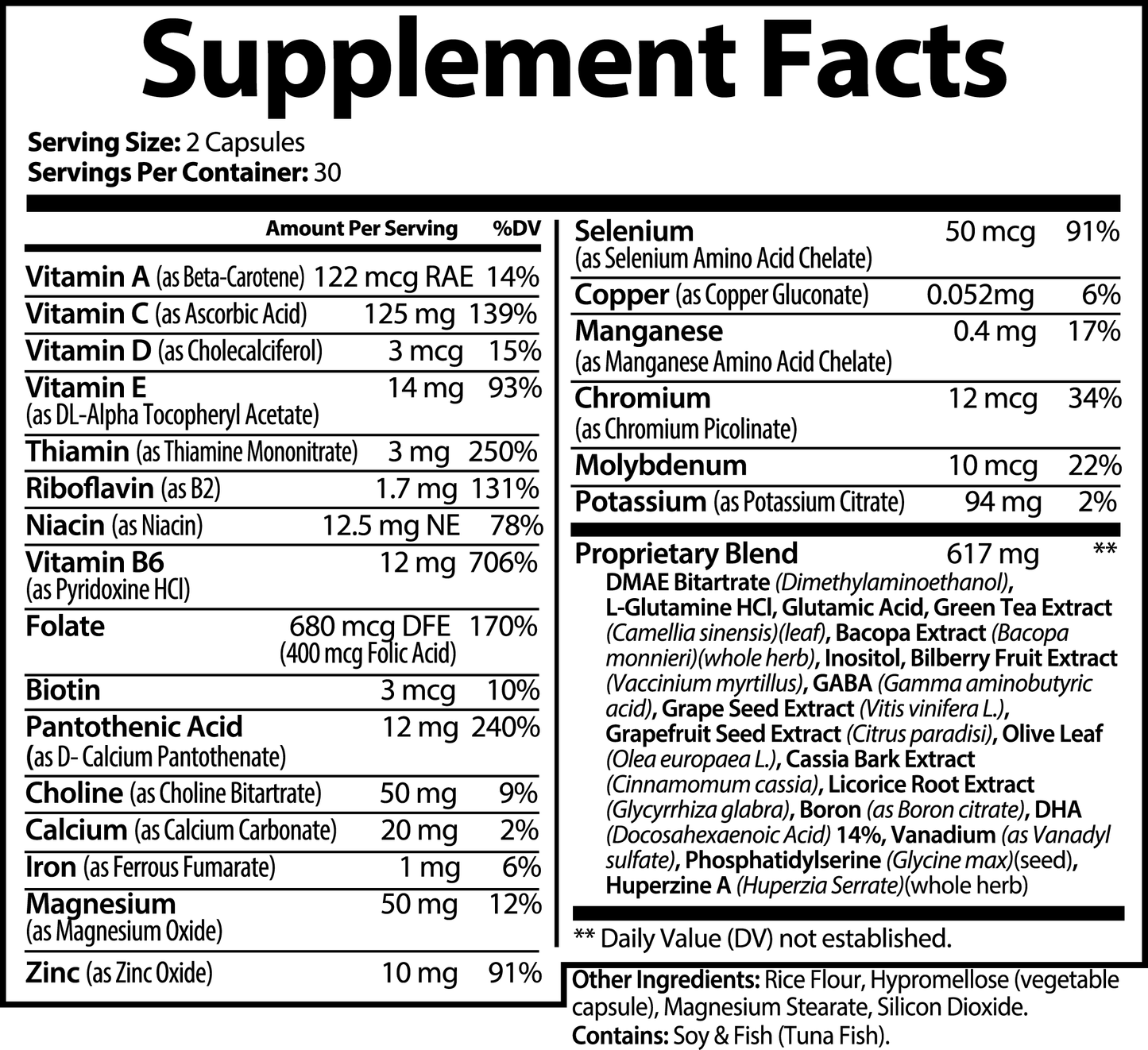 A black and white supplement facts label for 111 & COMPANY BRAIN & FOCUS FORMULA details vitamins, minerals, and a neuroactivity blend per two-capsule serving, with daily values. Contains soy and fish (tuna) allergens to boost focus.