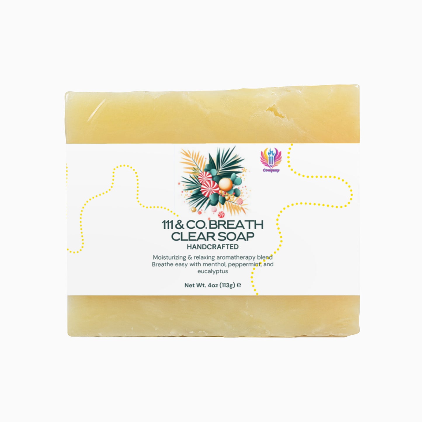 A rectangular bar of 111 & Company Breathe Clear Soap featuring a light yellow hue, packaged with a white label decorated with tropical leaves and flowers. It highlights Moisturizing & relaxing aromatherapy blend and Net Wt. 4oz (113g).
