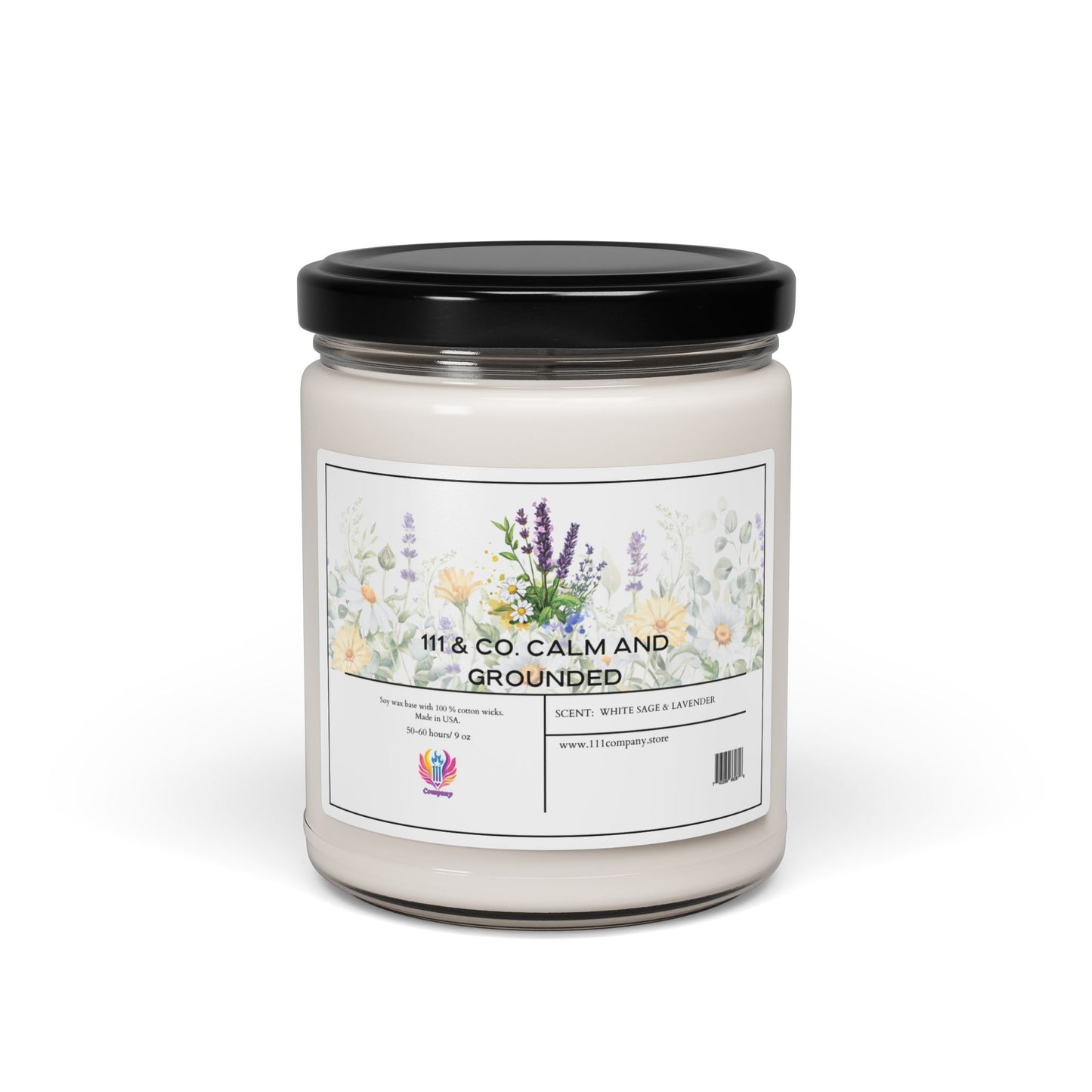 The 111 & Company Calm and Grounded 9oz soy wax candle by 111 & Company features a calming white sage and lavender scent, ideal for relaxation and meditation. A small colorful logo adorns the white jar with a black lid, enhancing its floral design.