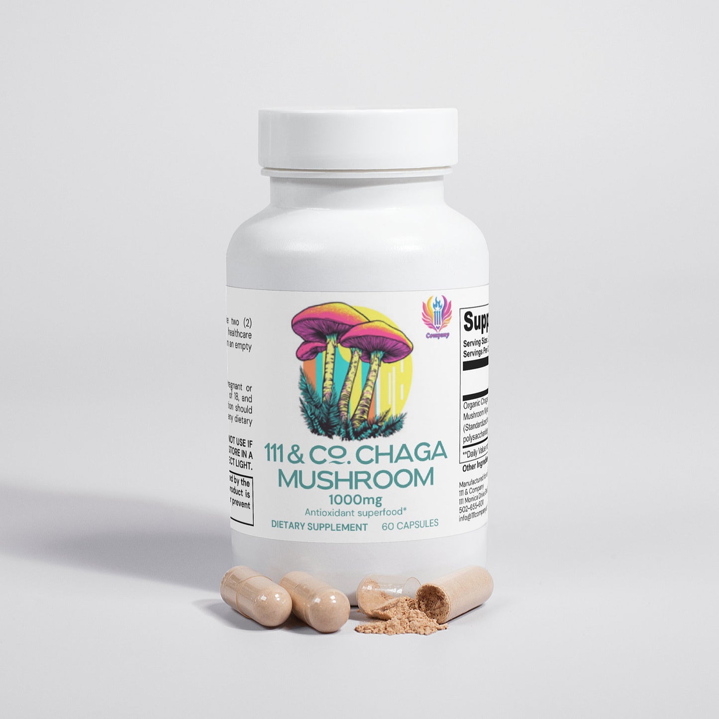A white bottle labeled 111 & Company Chaga Mushroom 1000mg displays colorful mushrooms. The supplement contains 60 capsules enriched with phytochemicals and has a partially open lid with two capsules and spilled powder, set against a light gray background.