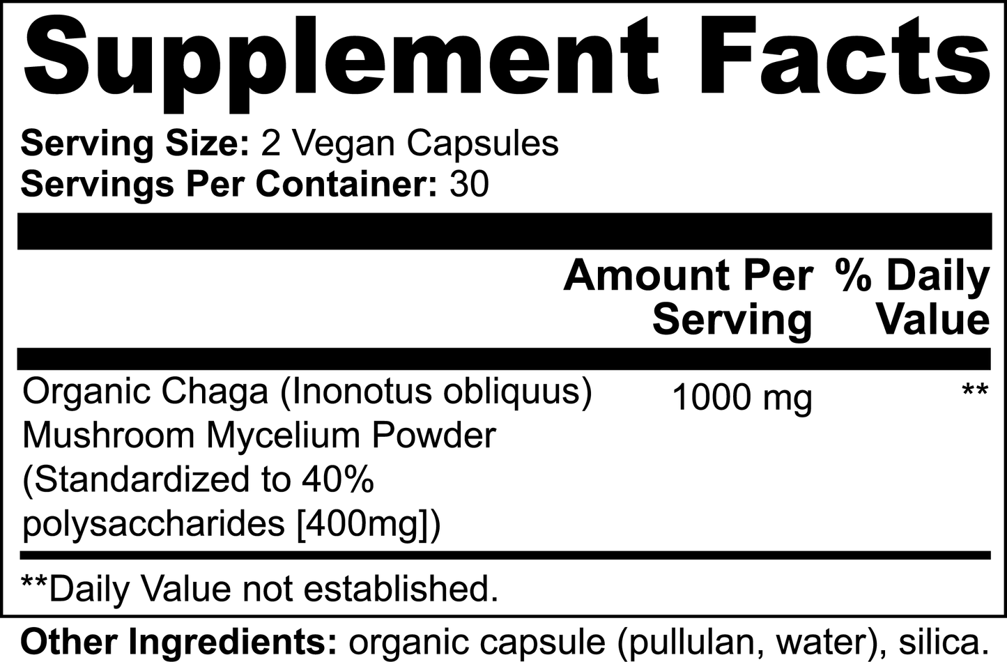 The 111 & COMPANY CHAGA MUSHROOM 1000 MG label features 2 vegan capsules per serving with 1000 mg organic Chaga powder, standardized to 40% polysaccharides, for gut health. Contains organic capsule (pullulan, water), silica. No daily value established. Brand: 111 & Company.
